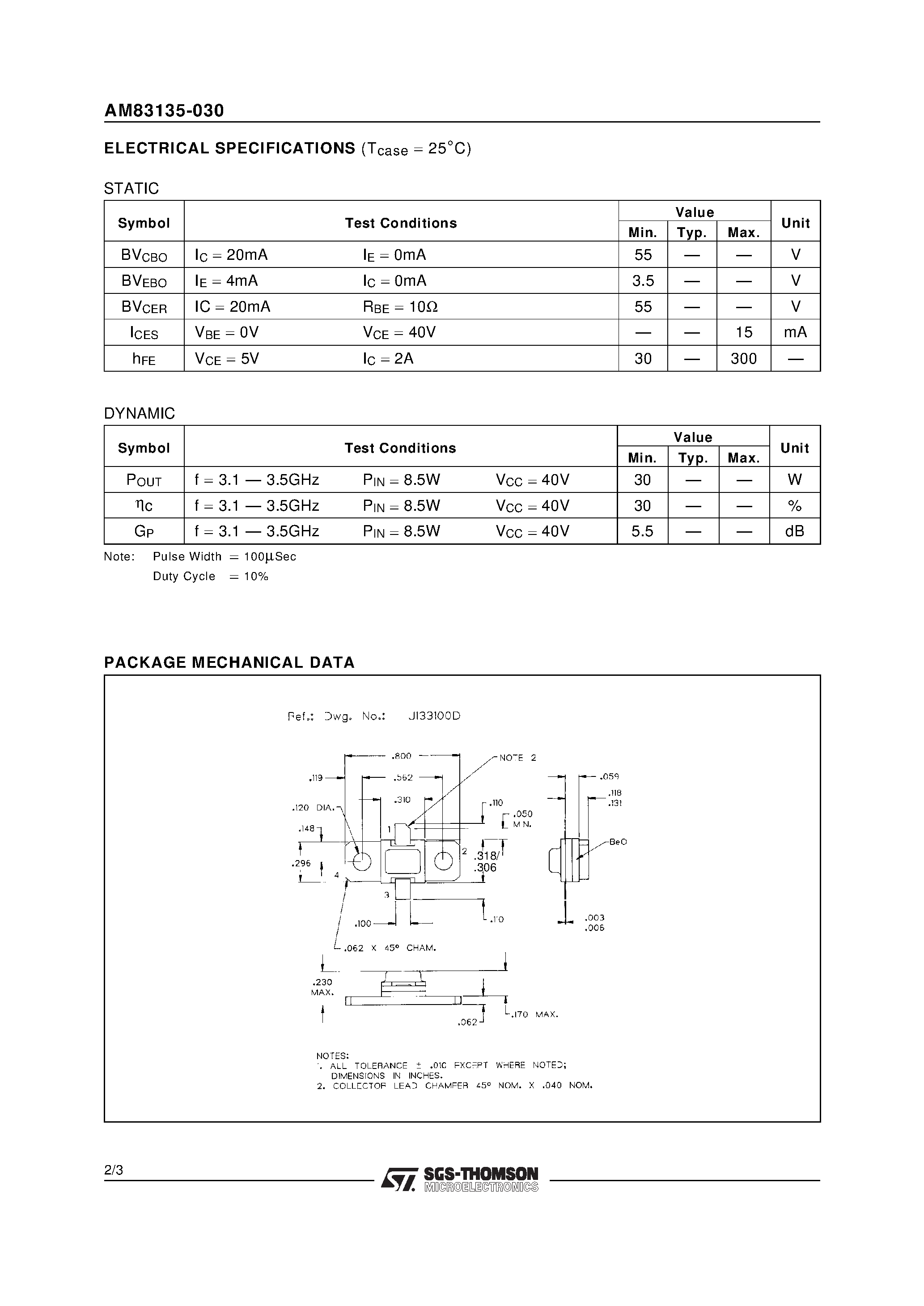 Datasheet AM83135-030 page 2 Datasheet AM83135-030 - RF & MICROWAVE TRANSISTORS S-BAND RADAR APPLICATIONS page 2