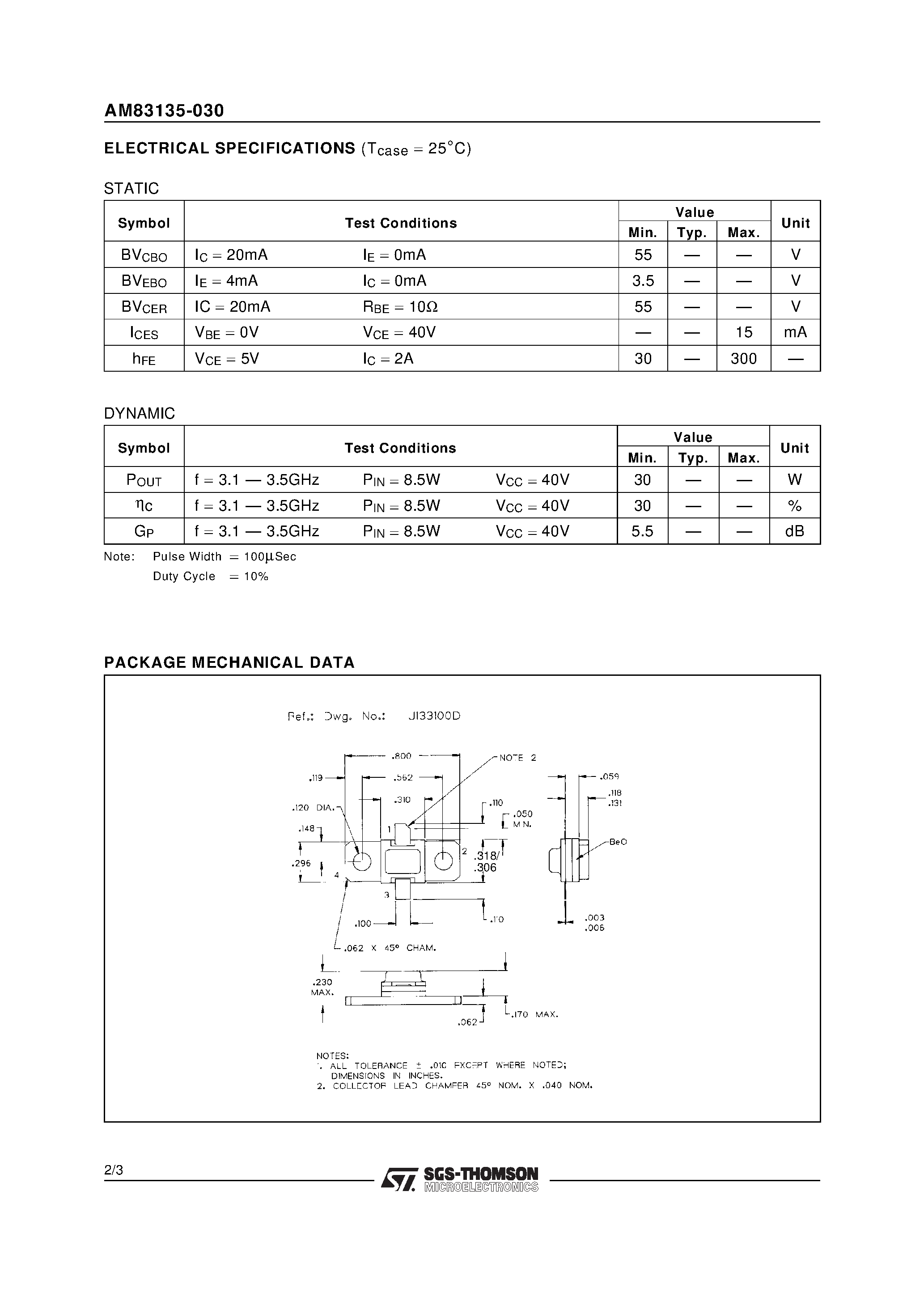 Даташит AM83135-030 - RF & MICROWAVE TRANSISTORS S-BAND RADAR APPLICATIONS страница 2