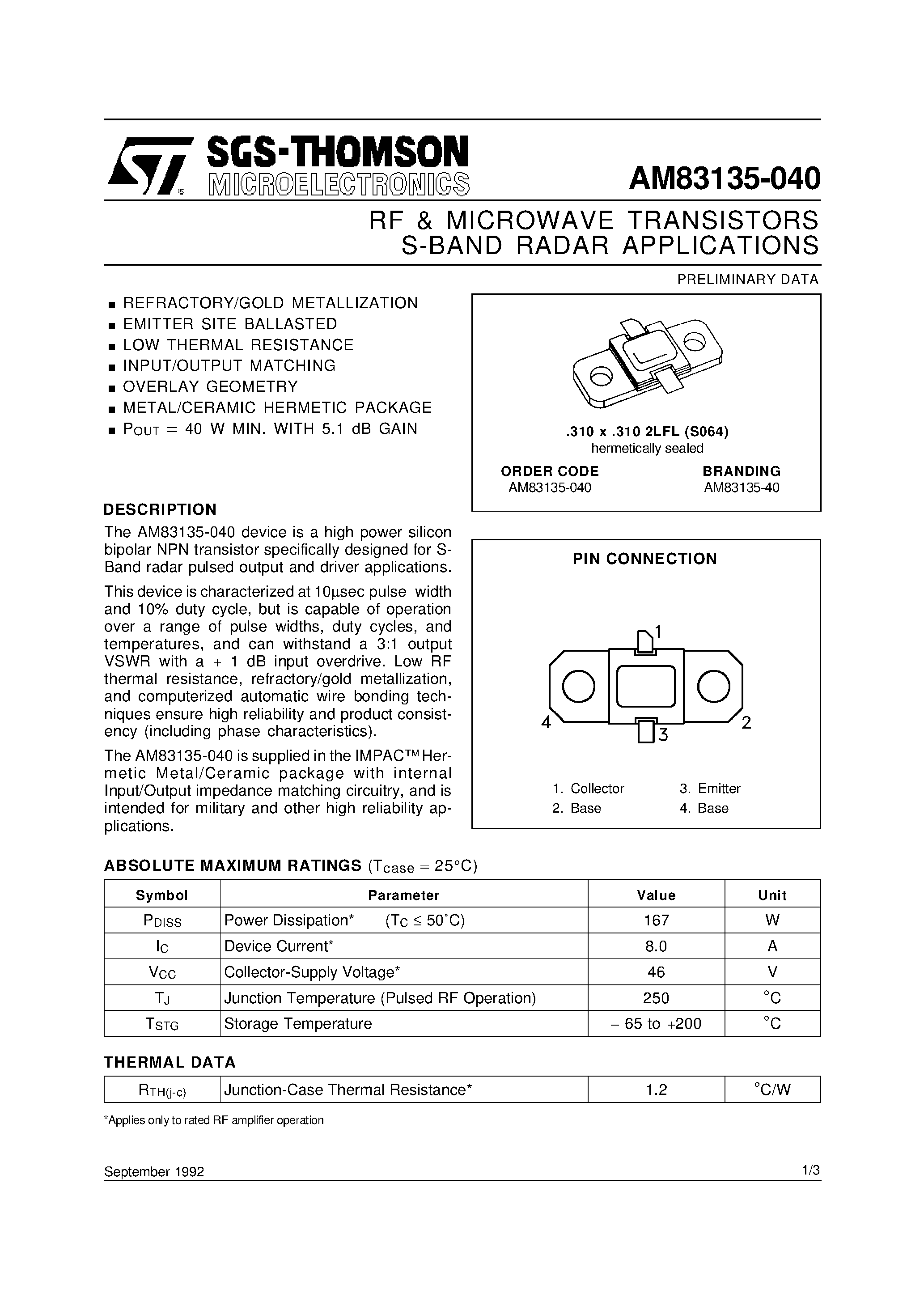 Даташит AM83135-040 - RF & MICROWAVE TRANSISTORS S-BAND RADAR APPLICATIONS страница 1