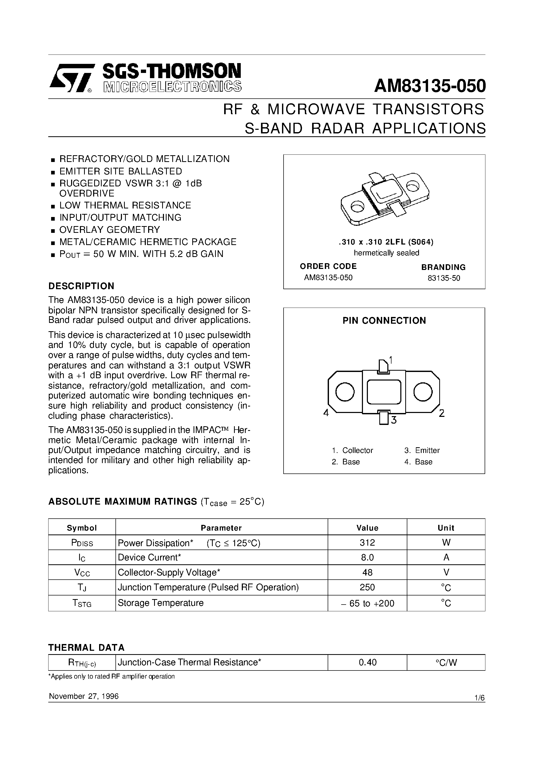 Даташит AM83135-050 - RF & MICROWAVE TRANSISTORS S-BAND RADAR APPLICATIONS страница 1