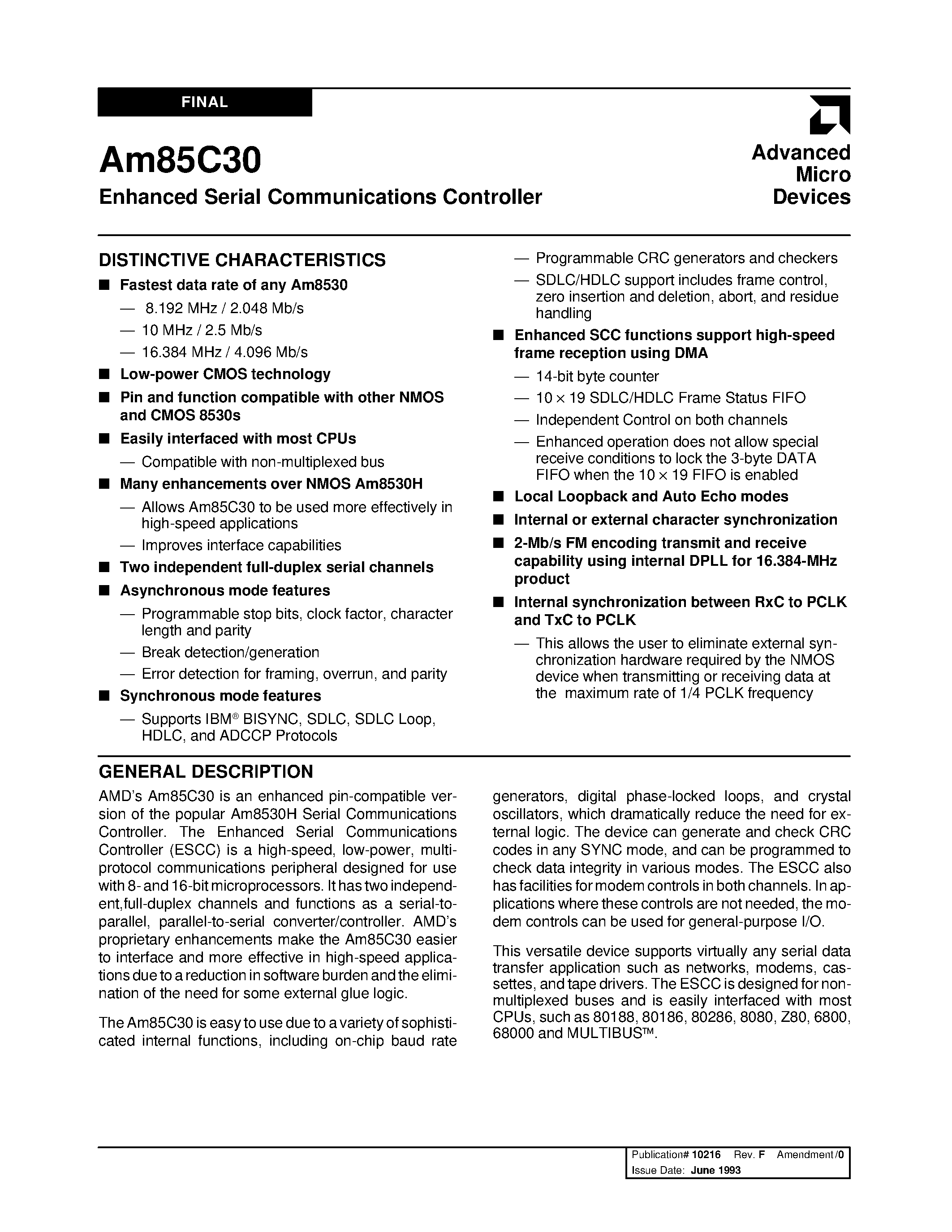 Даташит AM85C30-16PC-Enhanced Serial Communications Controller страница 1