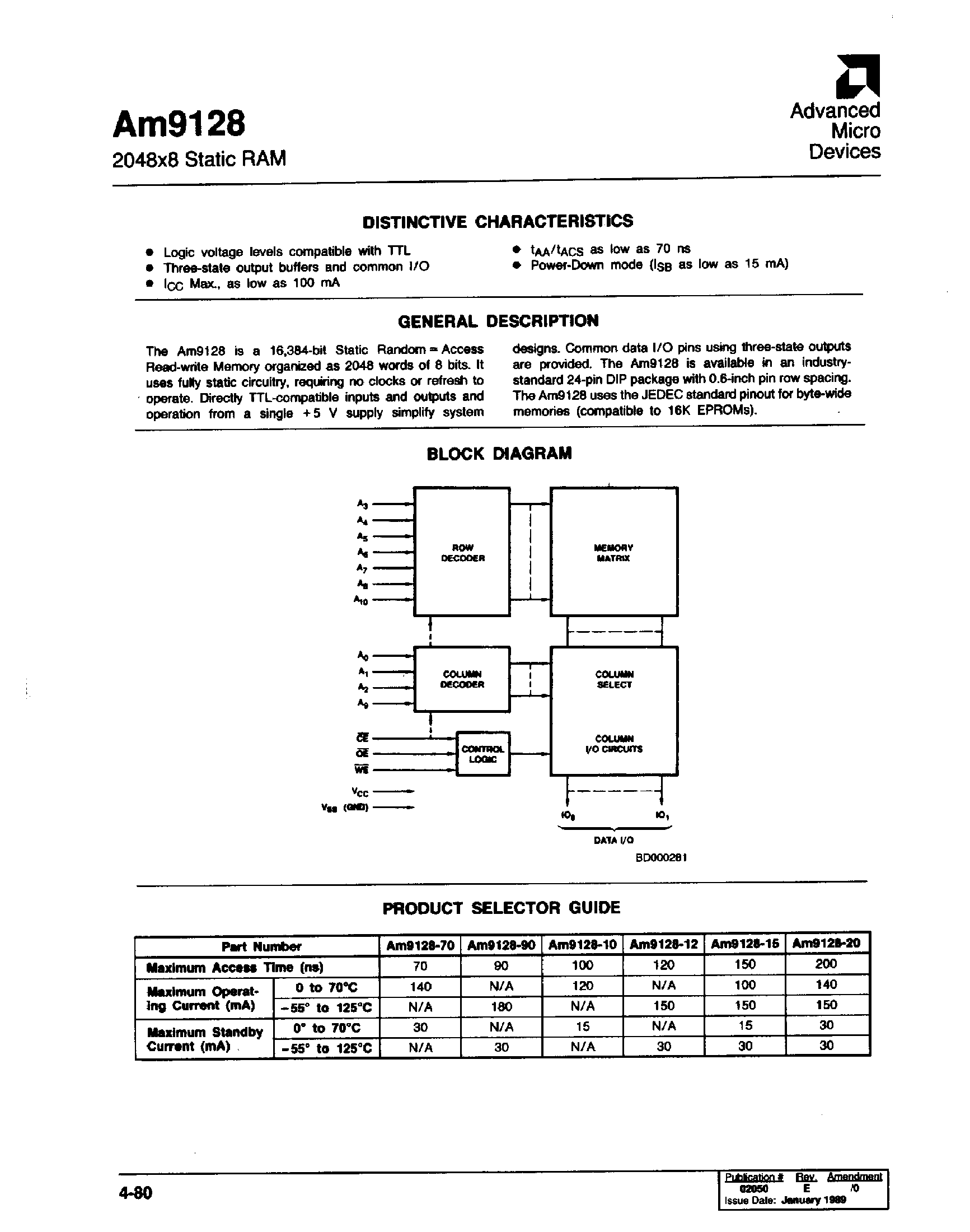 Datasheet AM9128-20DCB - 2048x8 Static RAM page 1