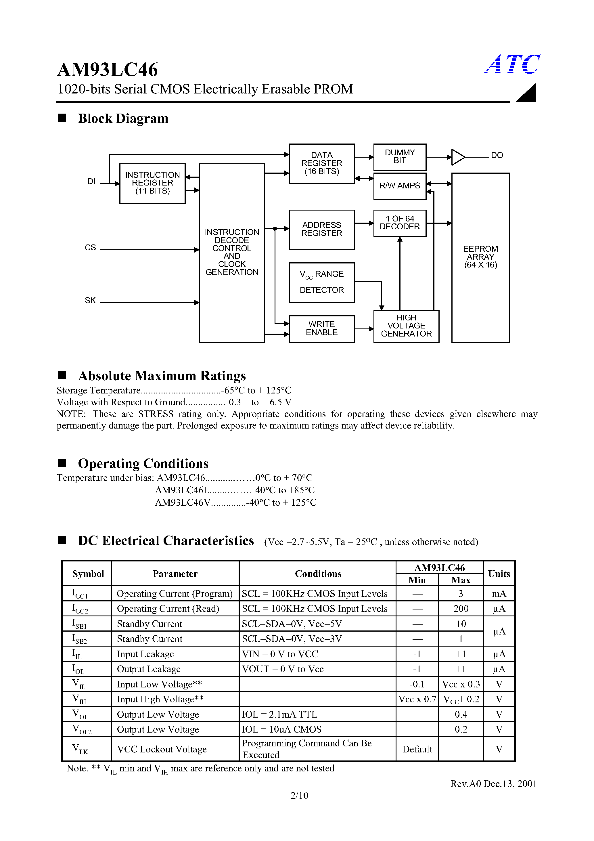 Datasheet AM93LC46IGS8 - 1024-bits Serial Electrically Erasable PROM page 2