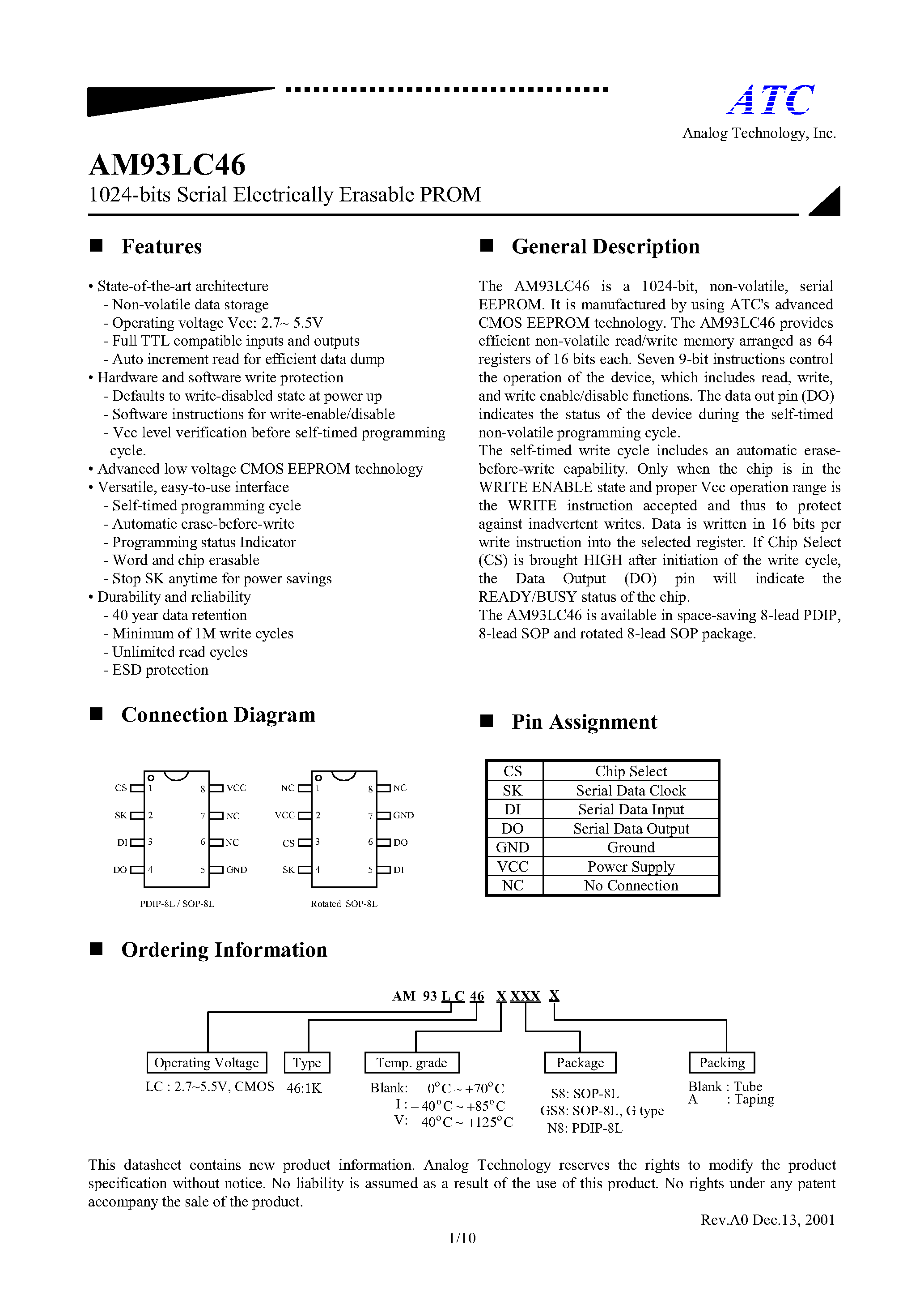 Даташит на микросхему AM93LC46IS8A страница 1 Даташит AM93LC46IS8A - 1024-bits Serial Electrically Erasable PROM страница 1