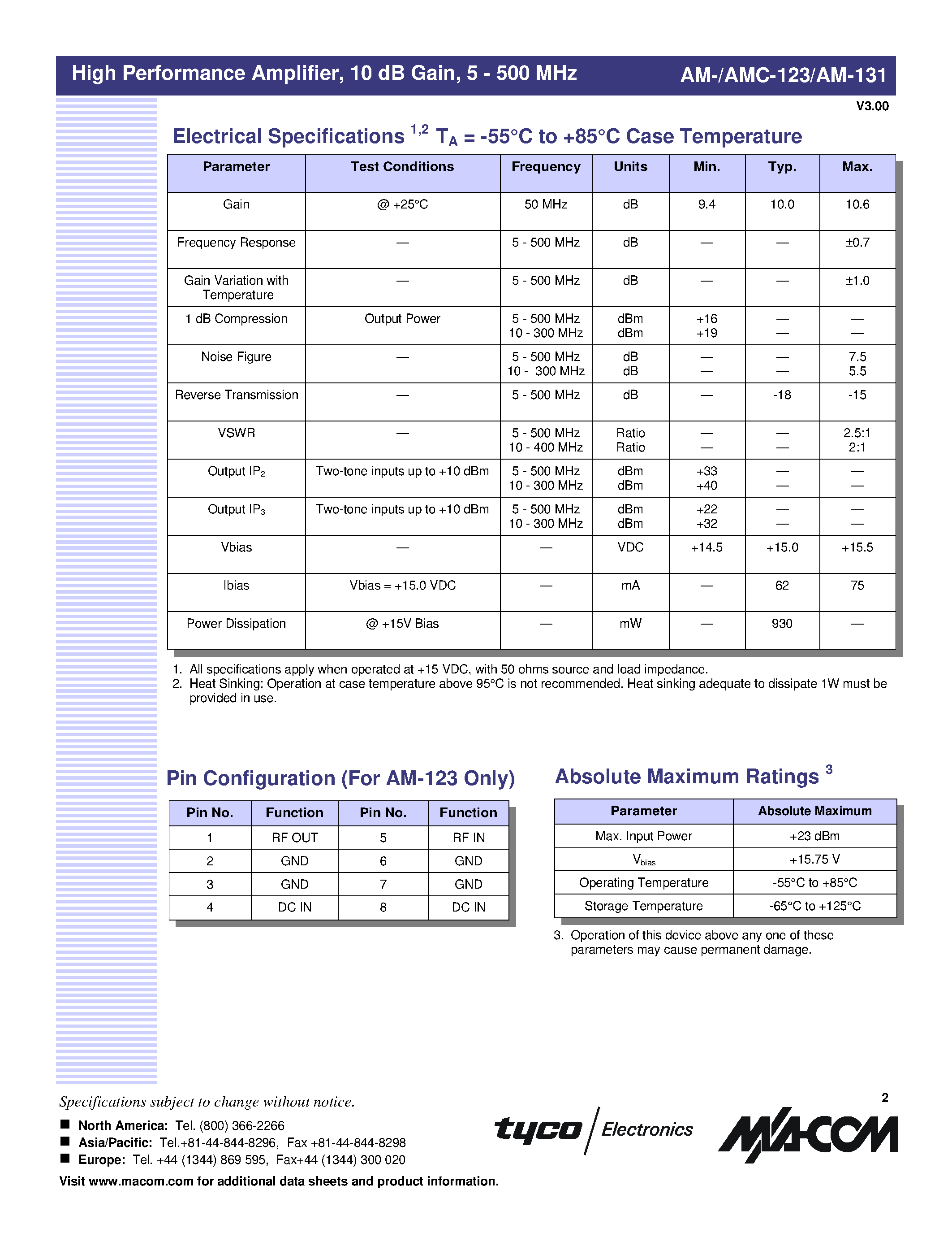 Datasheet AMC-123 - High Performance Amplifier/ 10 dB Gain 5 - 500 MHz page 2