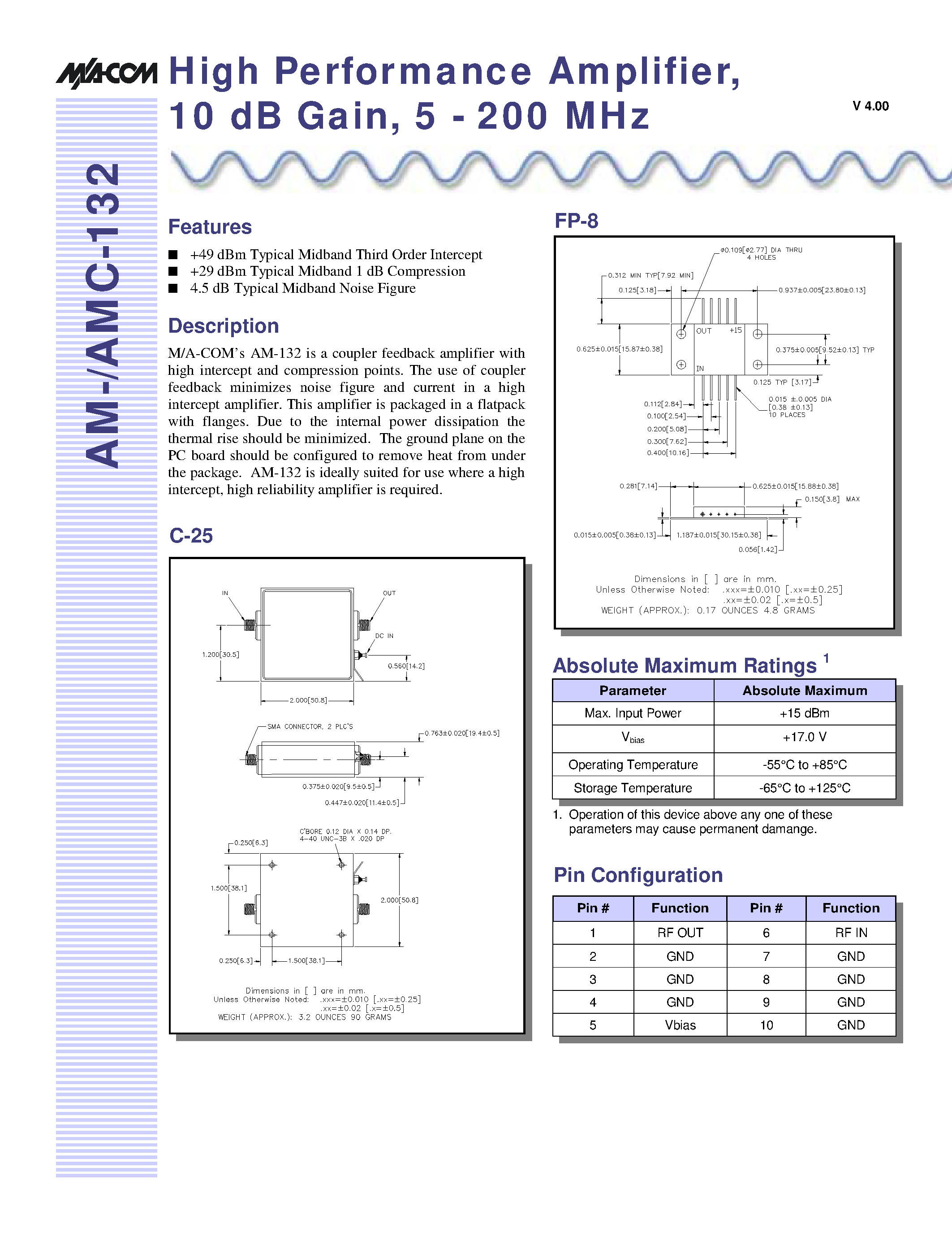 Datasheet AMC-132SMA - High Performance Amplifier/ 10 dB Gain/ 5 - 200 MHz page 1
