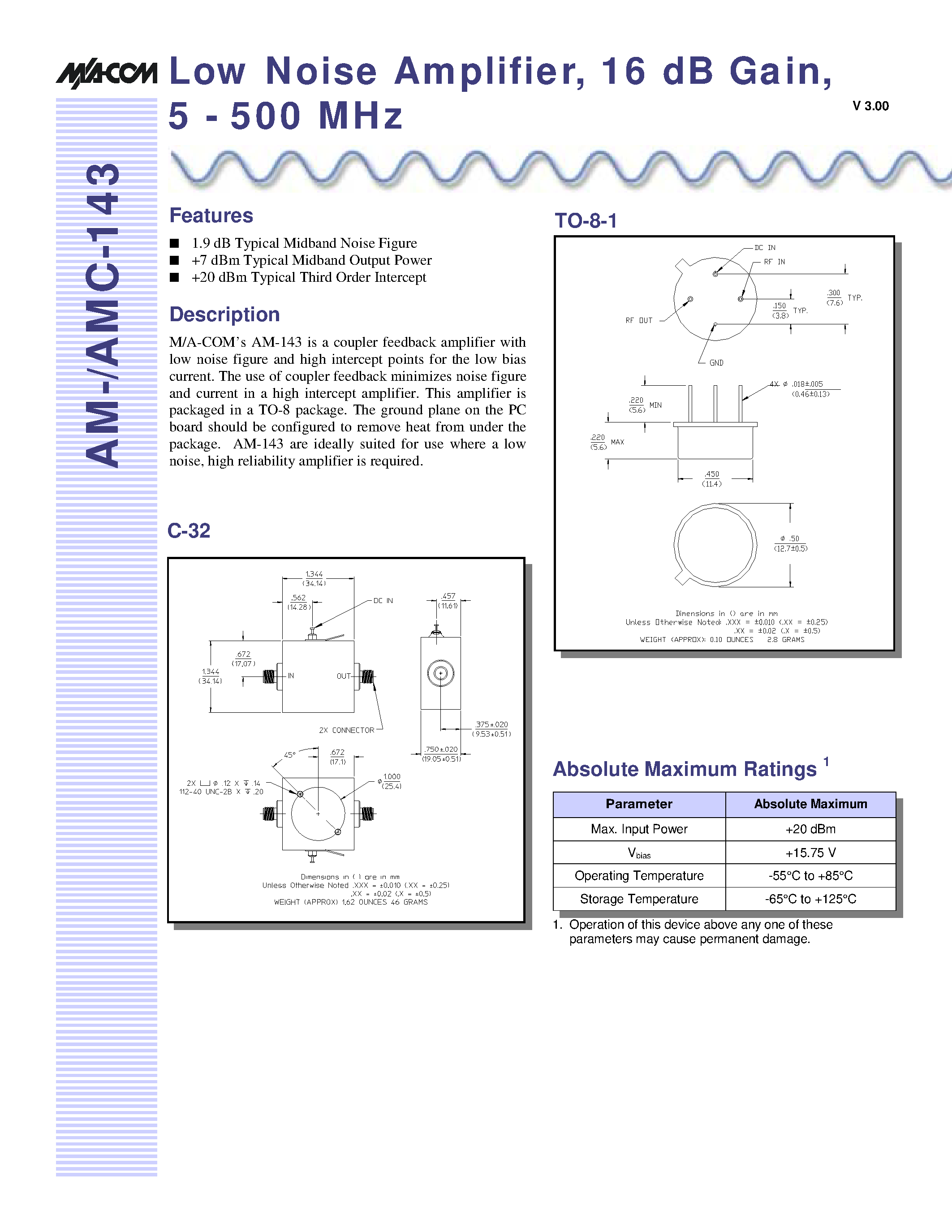 Datasheet AMC-143SMA - Low Noise Amplifier/ 16 dB Gain/ 5 - 500 MHz page 1