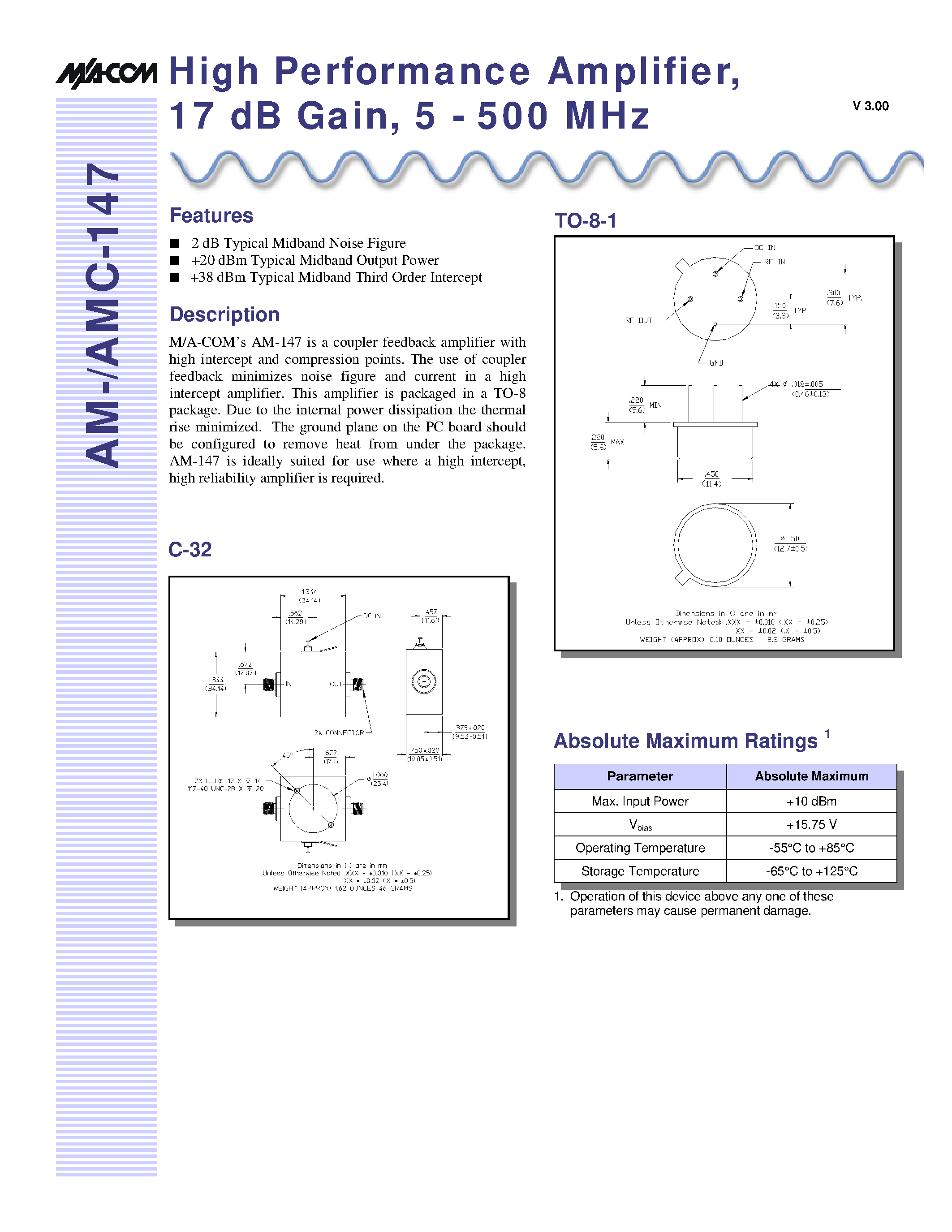Datasheet AMC-147SMA - High Performance Amplifier/ 17 dB Gain/ 5 - 500 MHz page 1