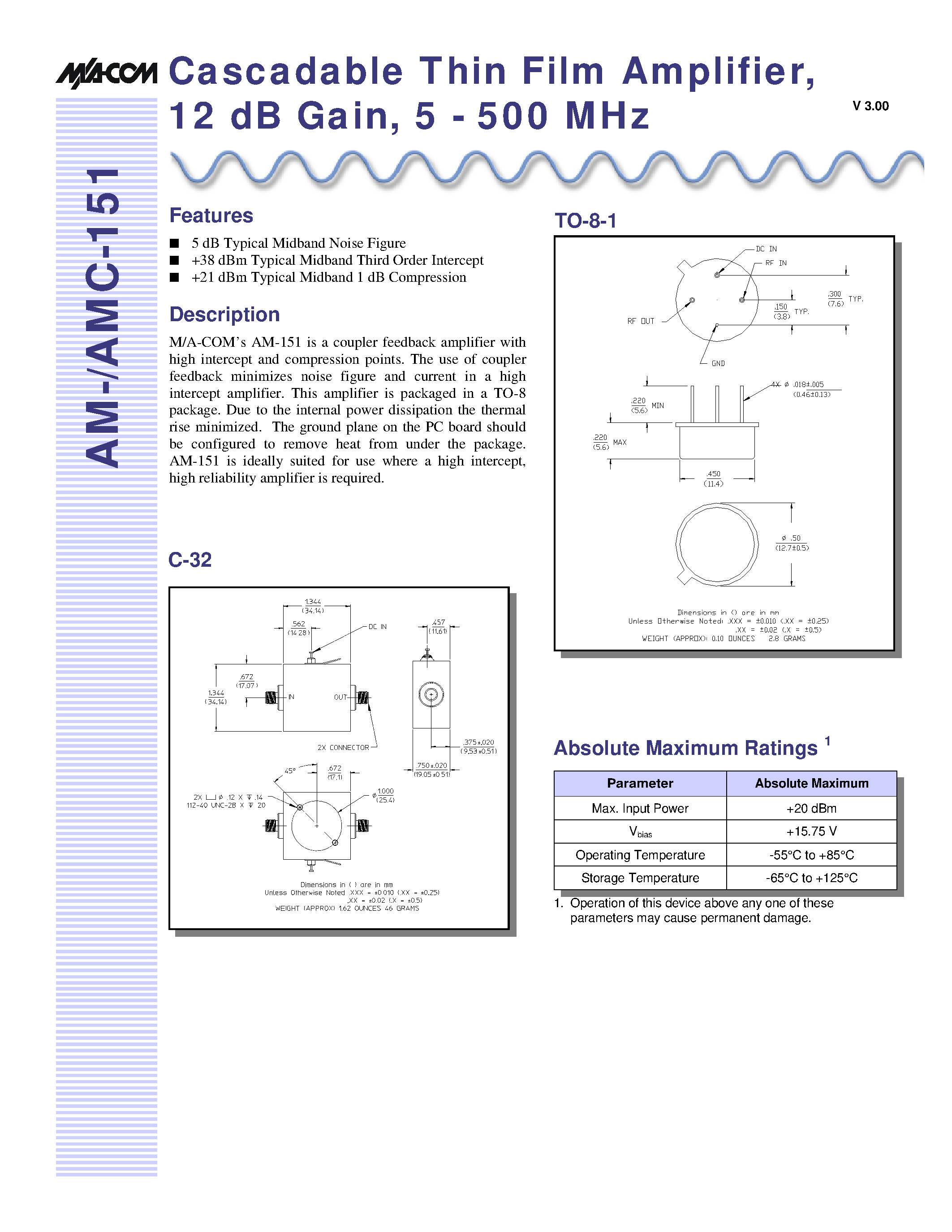 Datasheet AMC-151SMA - Cascadable Thin Film Amplifier/ 12 dB Gain/ 5 - 500 MHz page 1