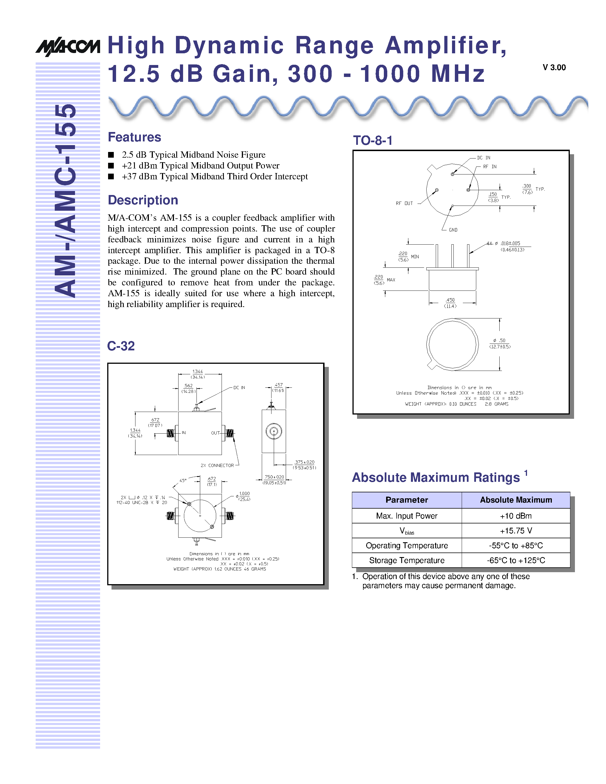 Datasheet AMC-155SMA - High Dynamic Range Amplifier/ 12.5 dB Gain/ 300 - 1000 MHz page 1