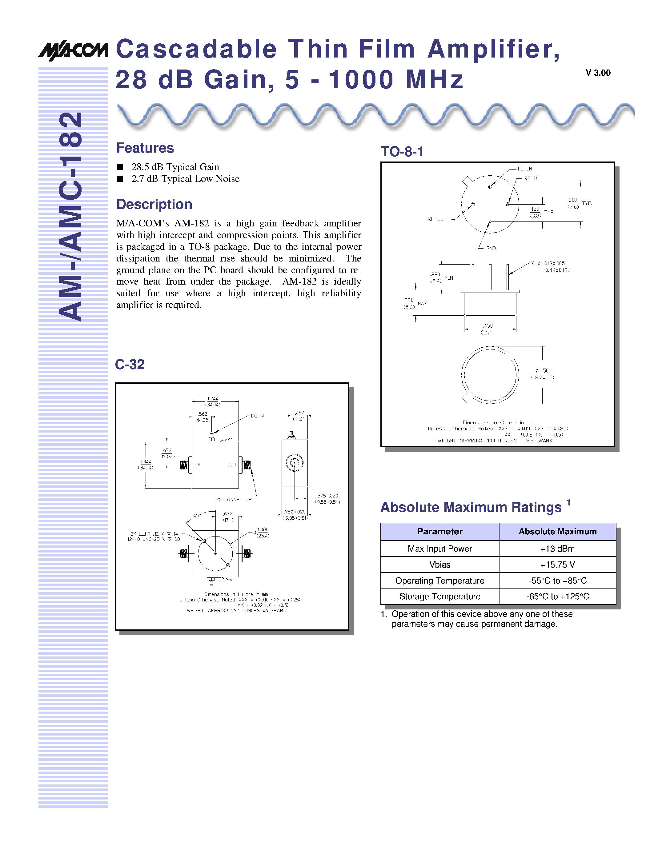 Datasheet AMC-182SMA - Cascadable Thin Film Amplifier/ 28 dB Gain/ 5 - 1000 MHz page 1
