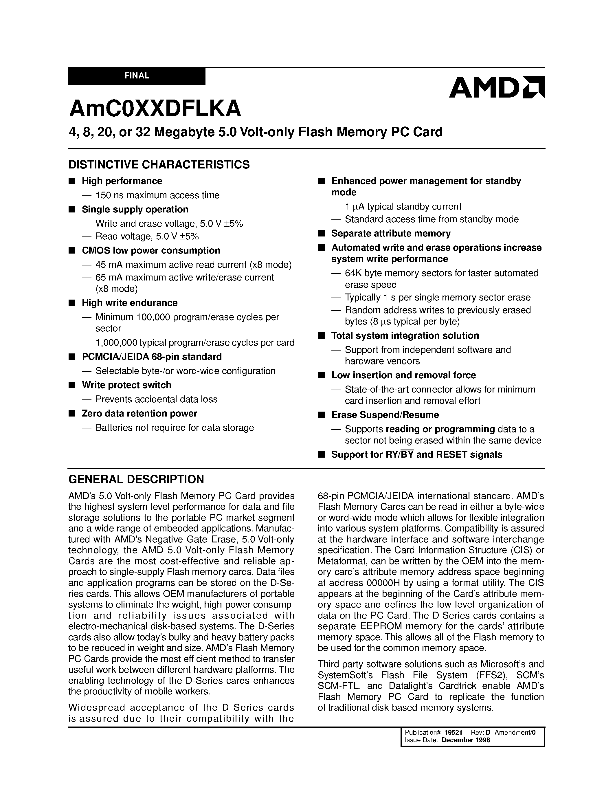 Datasheet AMC008DFLKA - 4/ 8/ 20/ or 32 Megabyte 5.0 Volt-only Flash Memory PC Card page 1