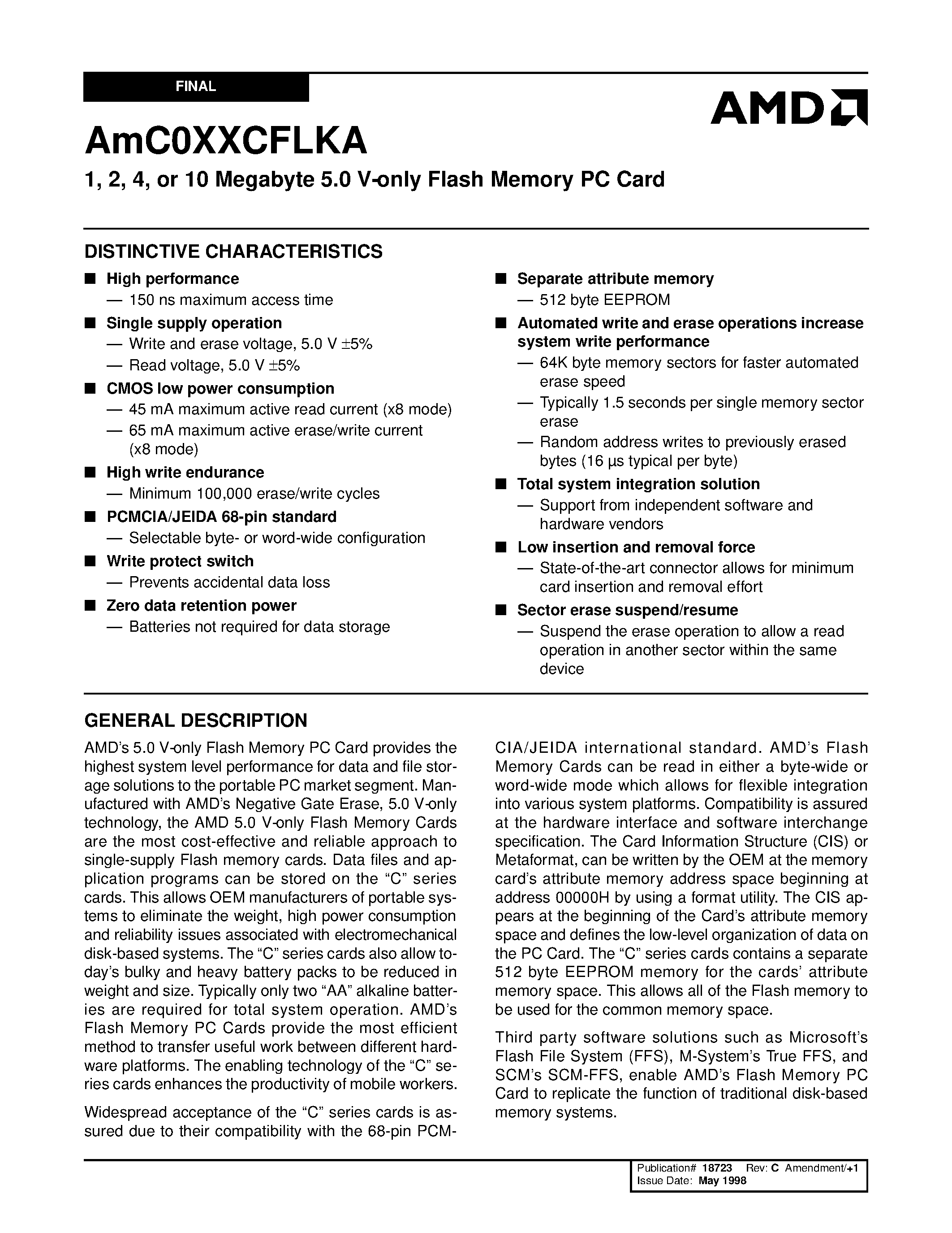 Datasheet AMC010CFLKA - 1/ 2/ 4/ or 10 Megabyte 5.0 V-only Flash Memory PC Card page 1