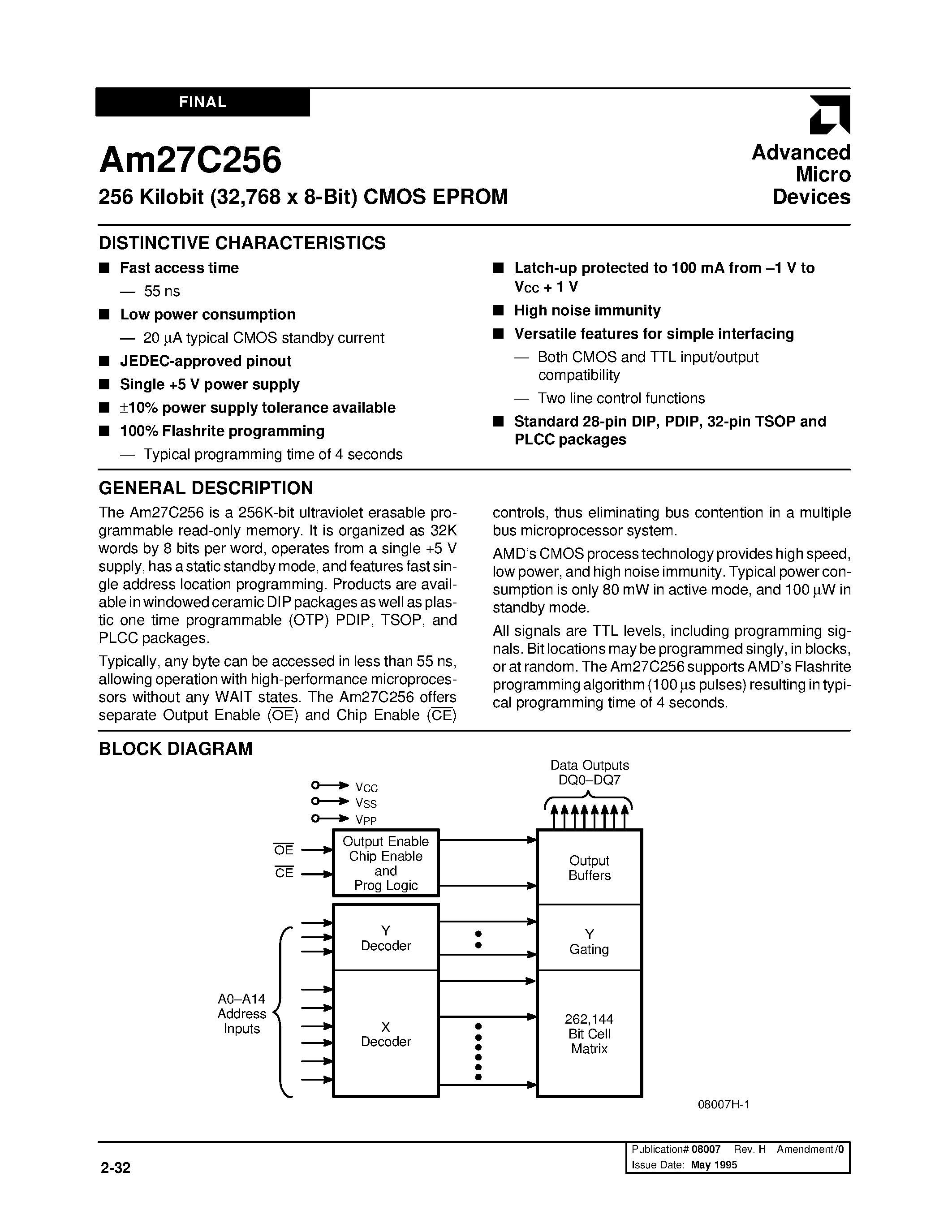 Даташит на микросхему AMD27C256 страница 1 Даташит AMD27C256 - 256 Kilobit (32/768 x 8-Bit) CMOS EPROM страница 1