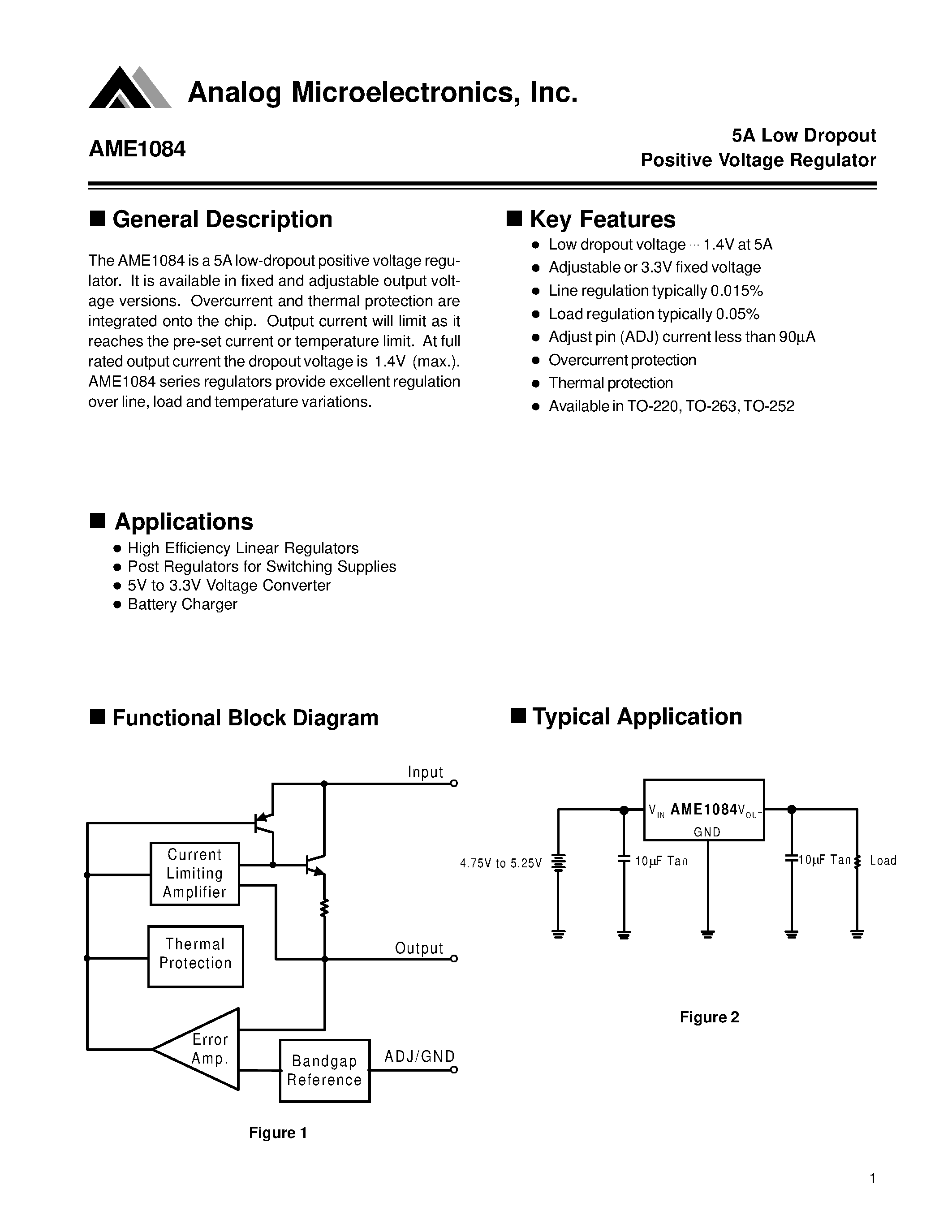 Datasheet AME1084DCDT-3 - 5A Low Dropout Positive Voltage Regulator page 1