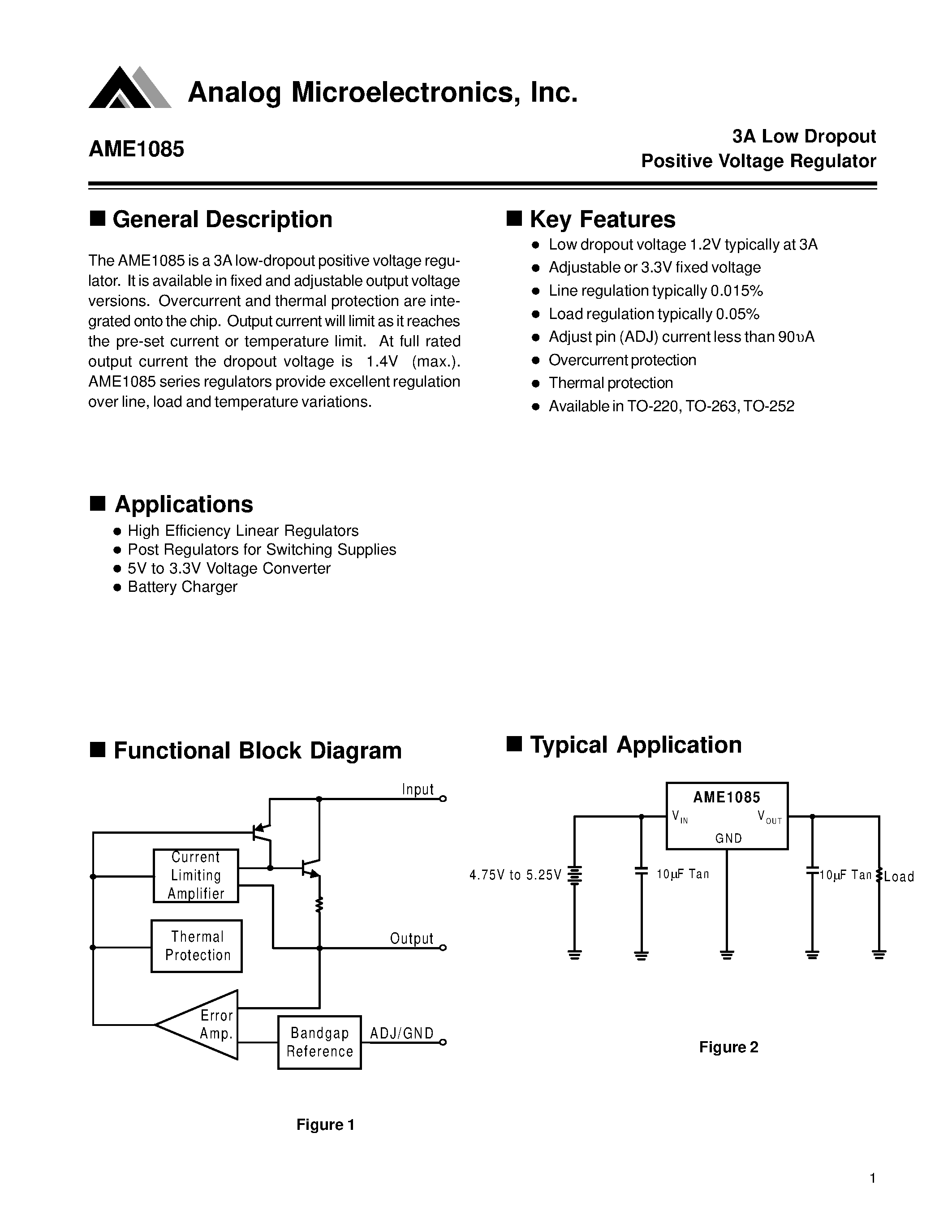 Datasheet AME1085ACDT-3 - 3A Low Dropout Positive Voltage Regulator page 1