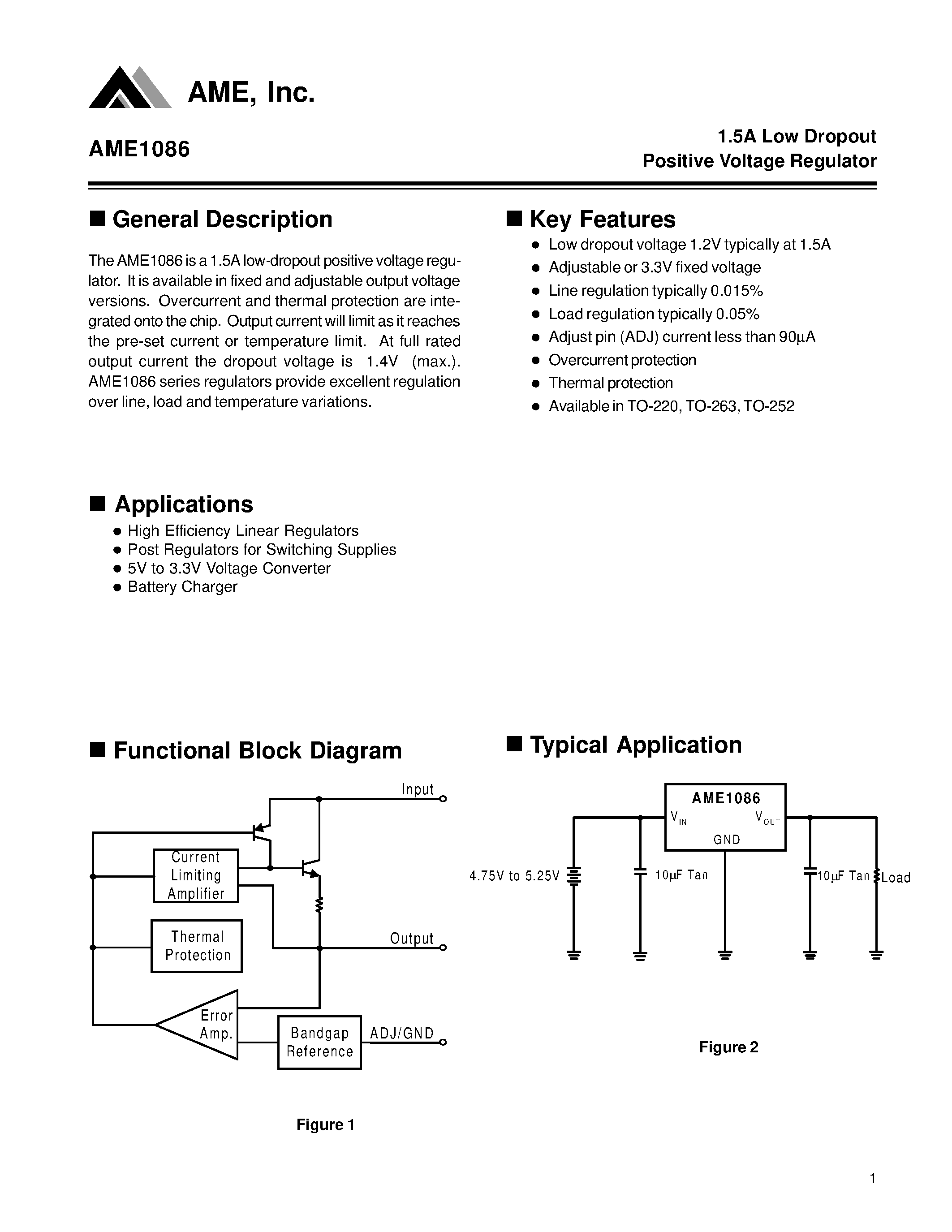 Даташит AME1086ACBT - 1.5A Low Dropout Positive Voltage Regulator страница 1