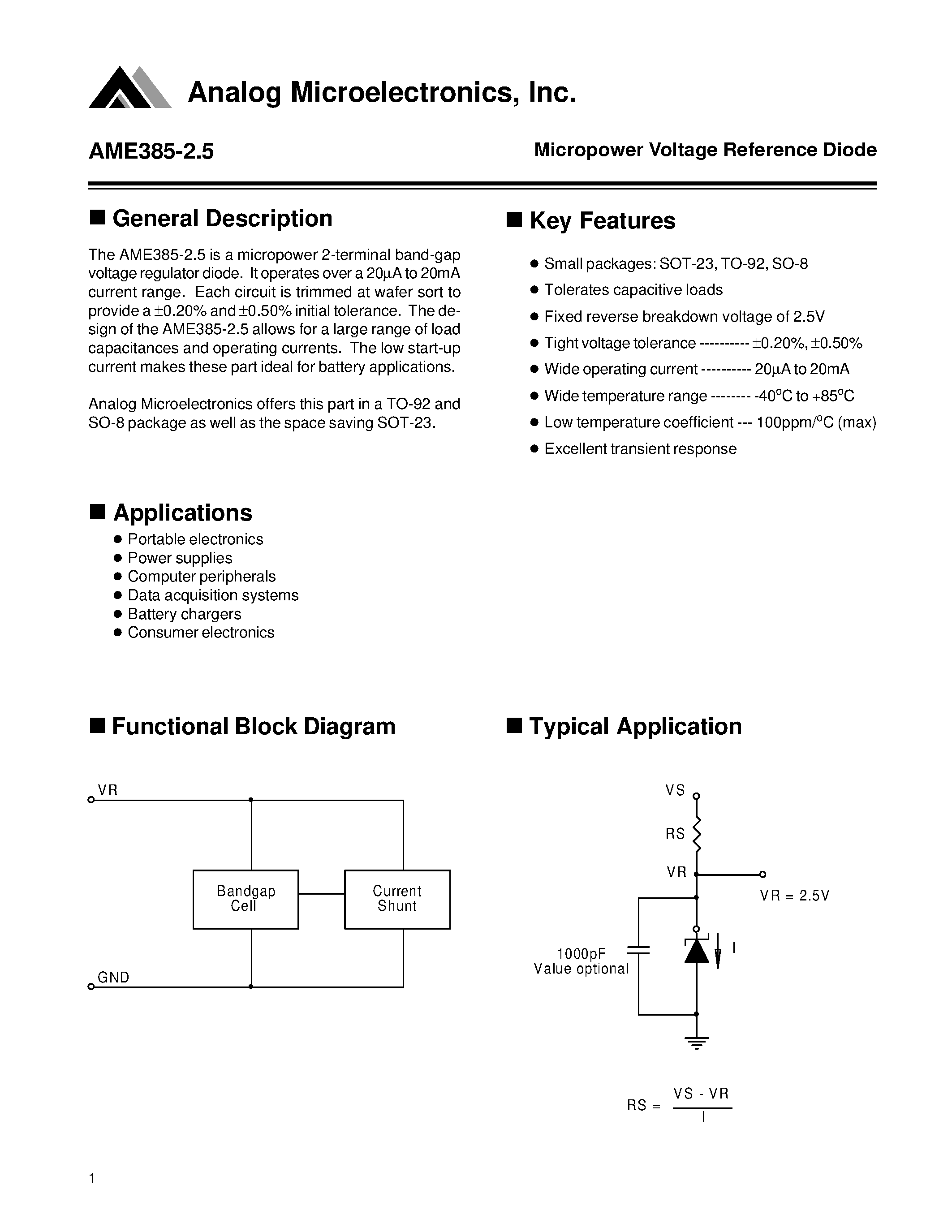 Datasheet AME385-25 page 1 Datasheet AME385-25 - Micropower Voltage Reference Diode page 1