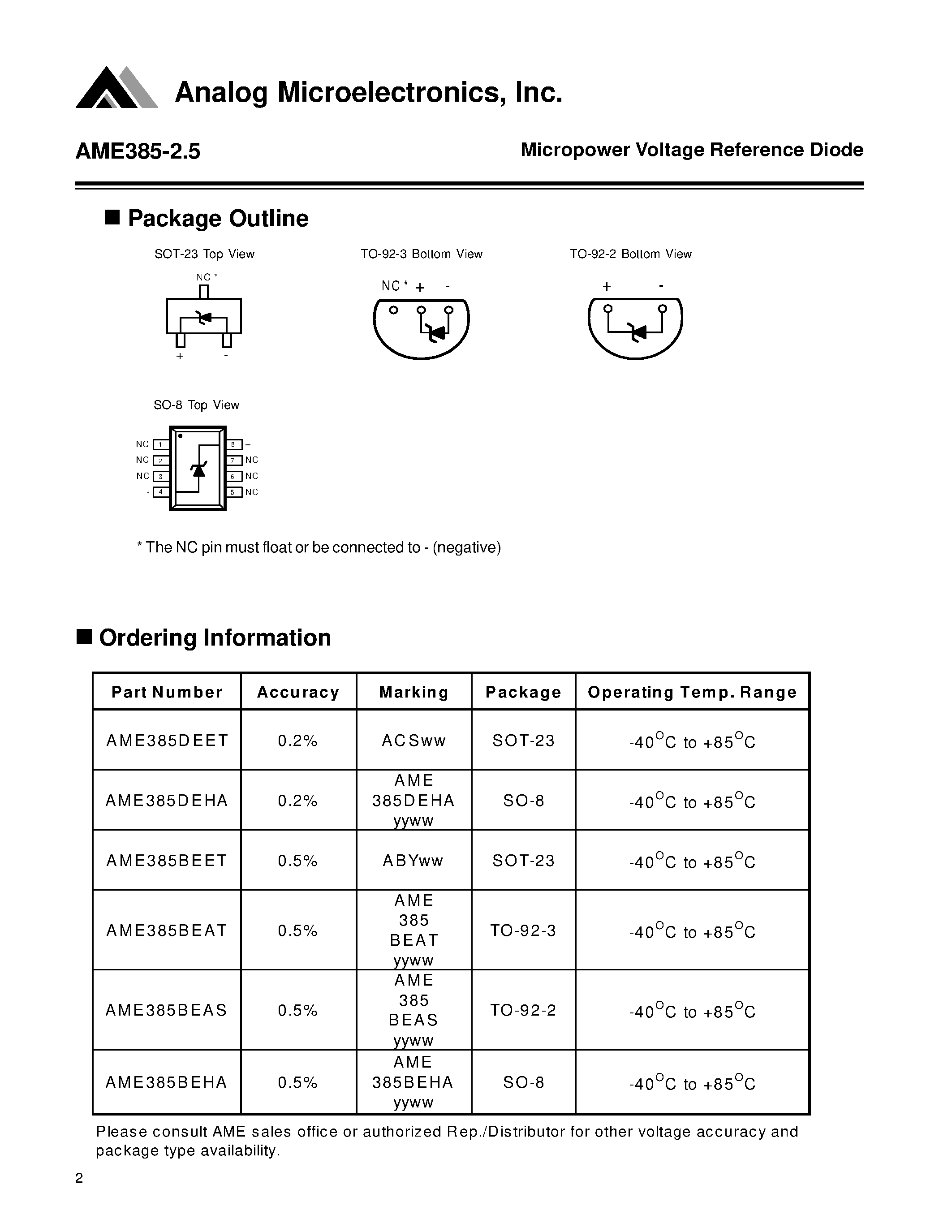 Datasheet AME385-25 page 2 Datasheet AME385-25 - Micropower Voltage Reference Diode page 2