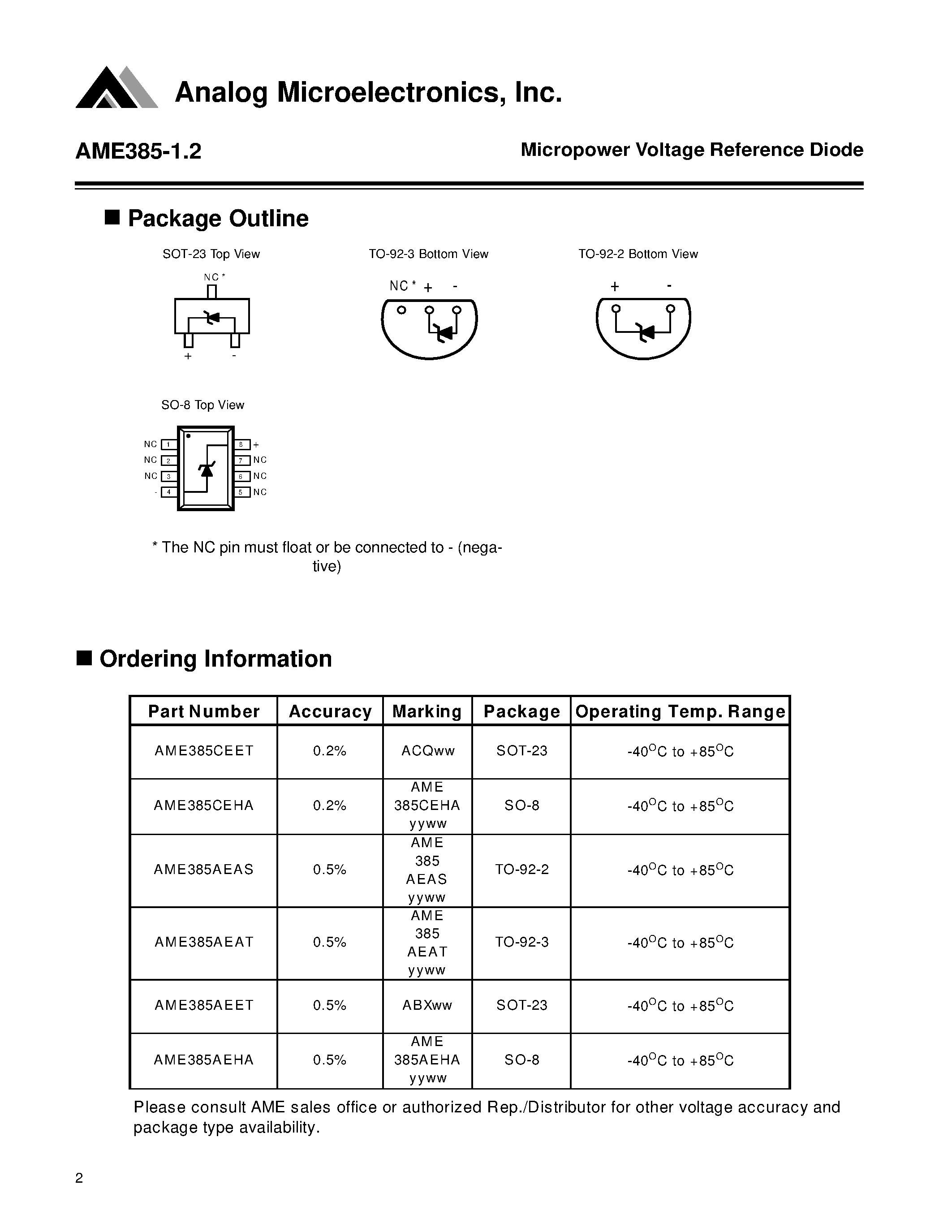 Datasheet AME385AEET page 2 Datasheet AME385AEET - Micropower Voltage Reference Diode page 2