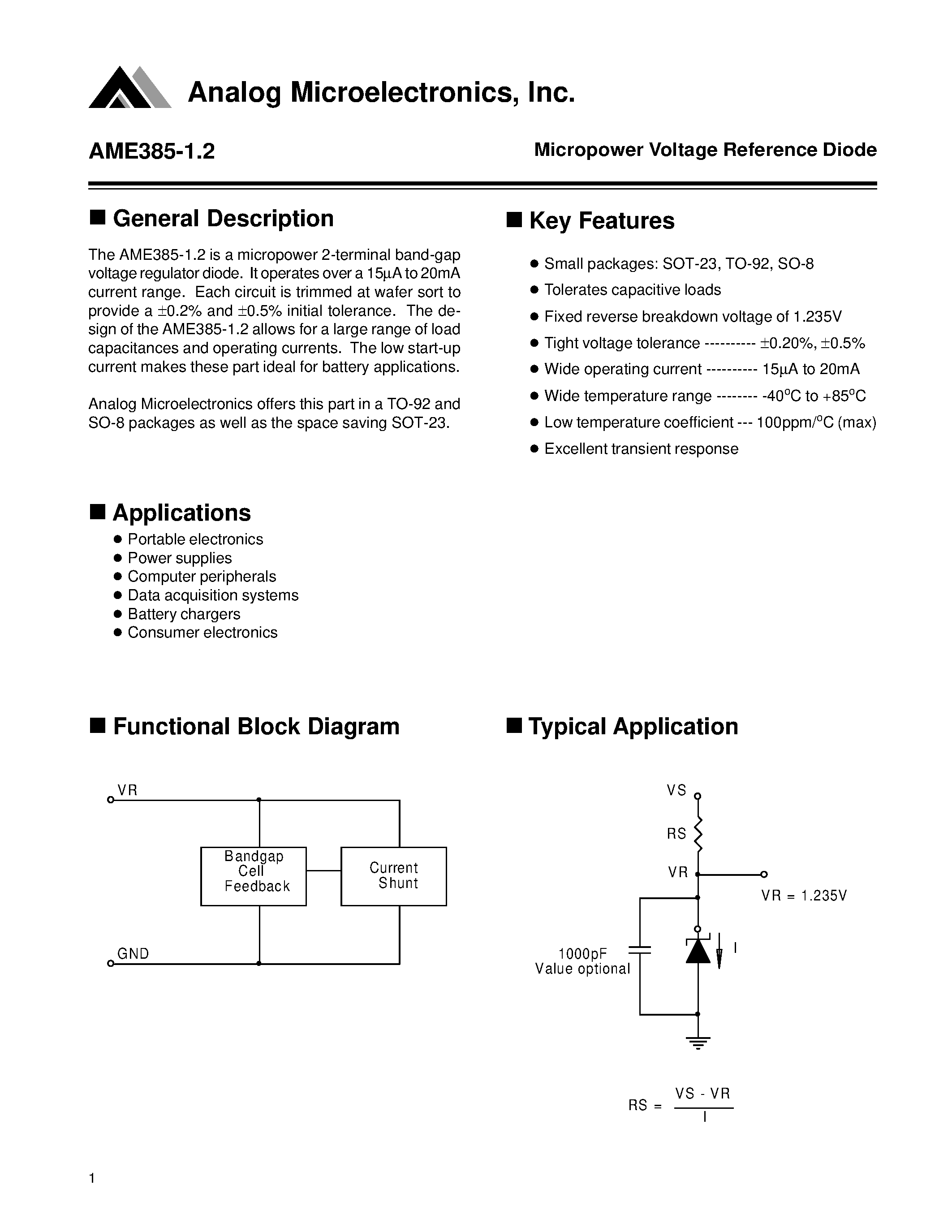 Datasheet AME385CEET page 1 Datasheet AME385CEET - Micropower Voltage Reference Diode page 1