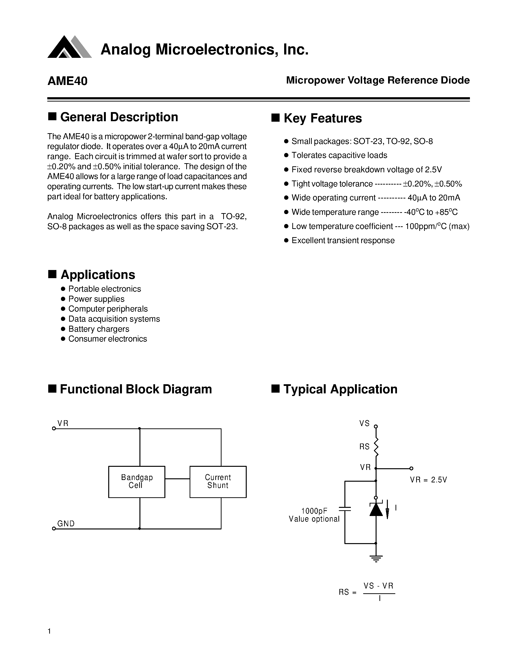 Datasheet AME40AEET page 1 Datasheet AME40AEET - Micropower Voltage Reference Diode page 1