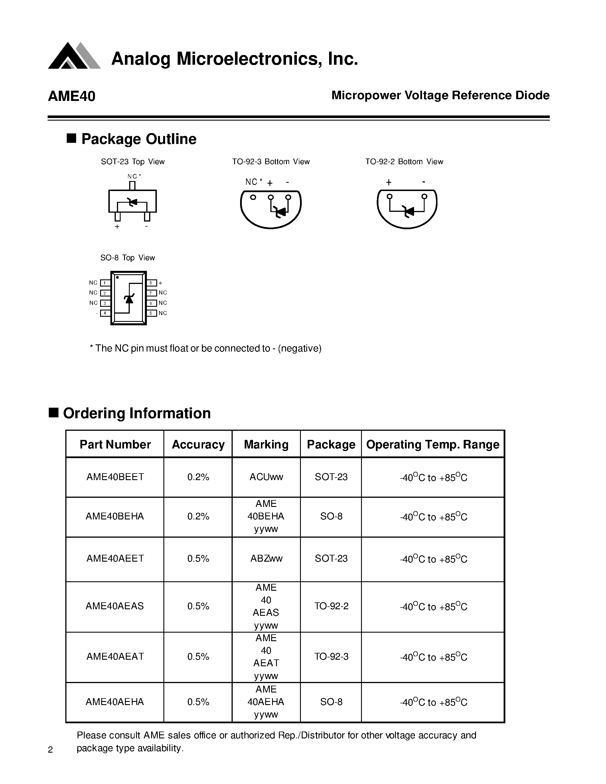Datasheet AME40AEET page 2 Datasheet AME40AEET - Micropower Voltage Reference Diode page 2