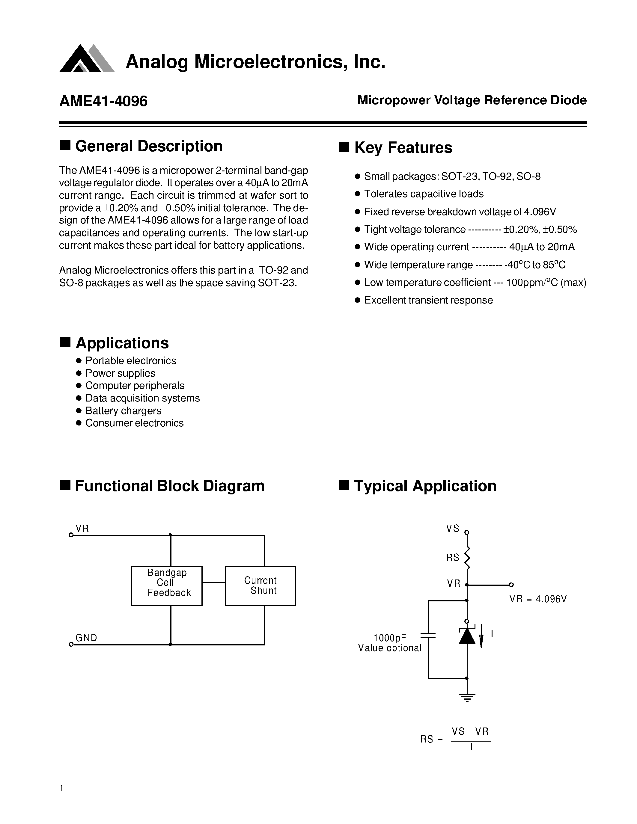Datasheet AME41-4096 page 1 Datasheet AME41-4096 - Micropower Voltage Reference Diode page 1