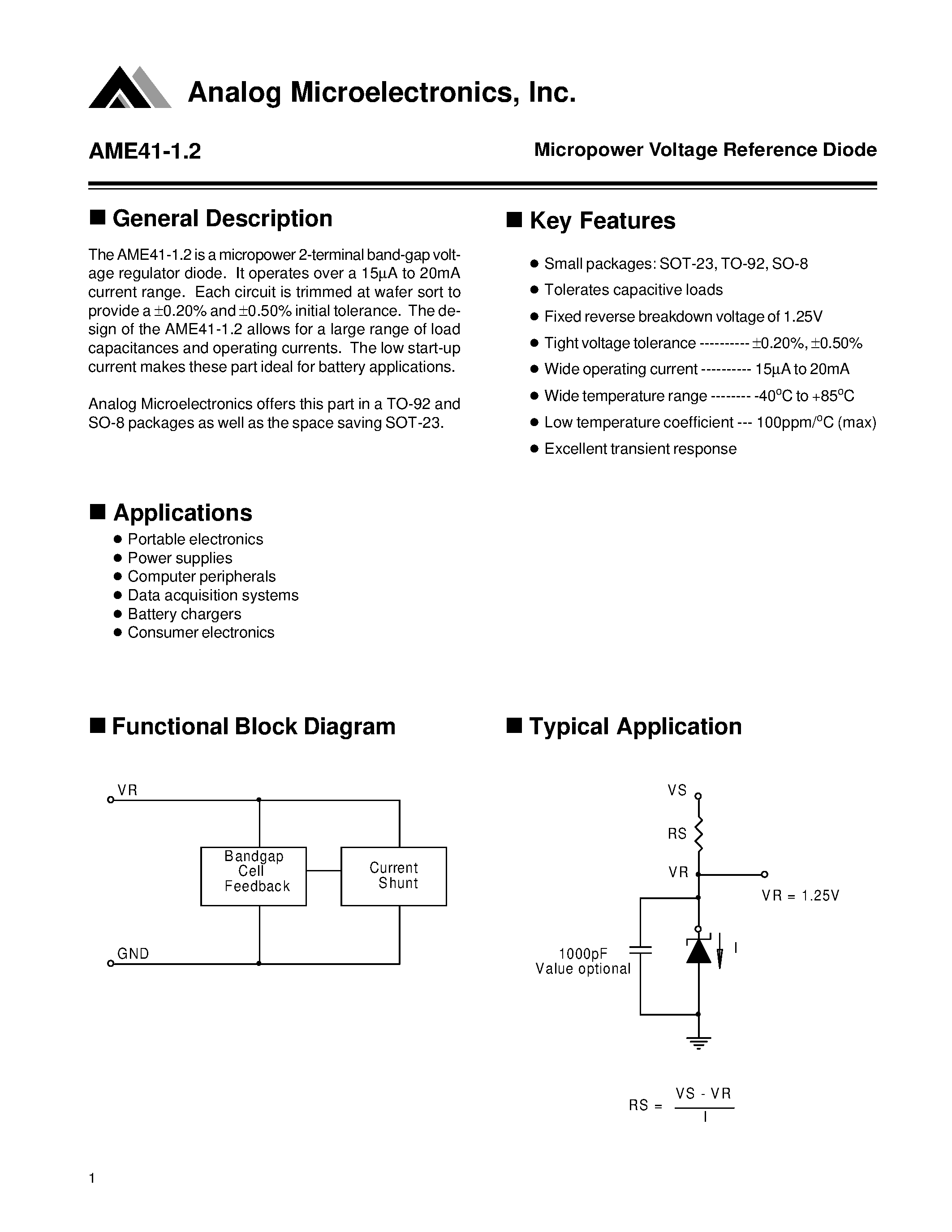 Datasheet AME41AEAS page 1 Datasheet AME41AEAS - Micropower Voltage Reference Diode page 1