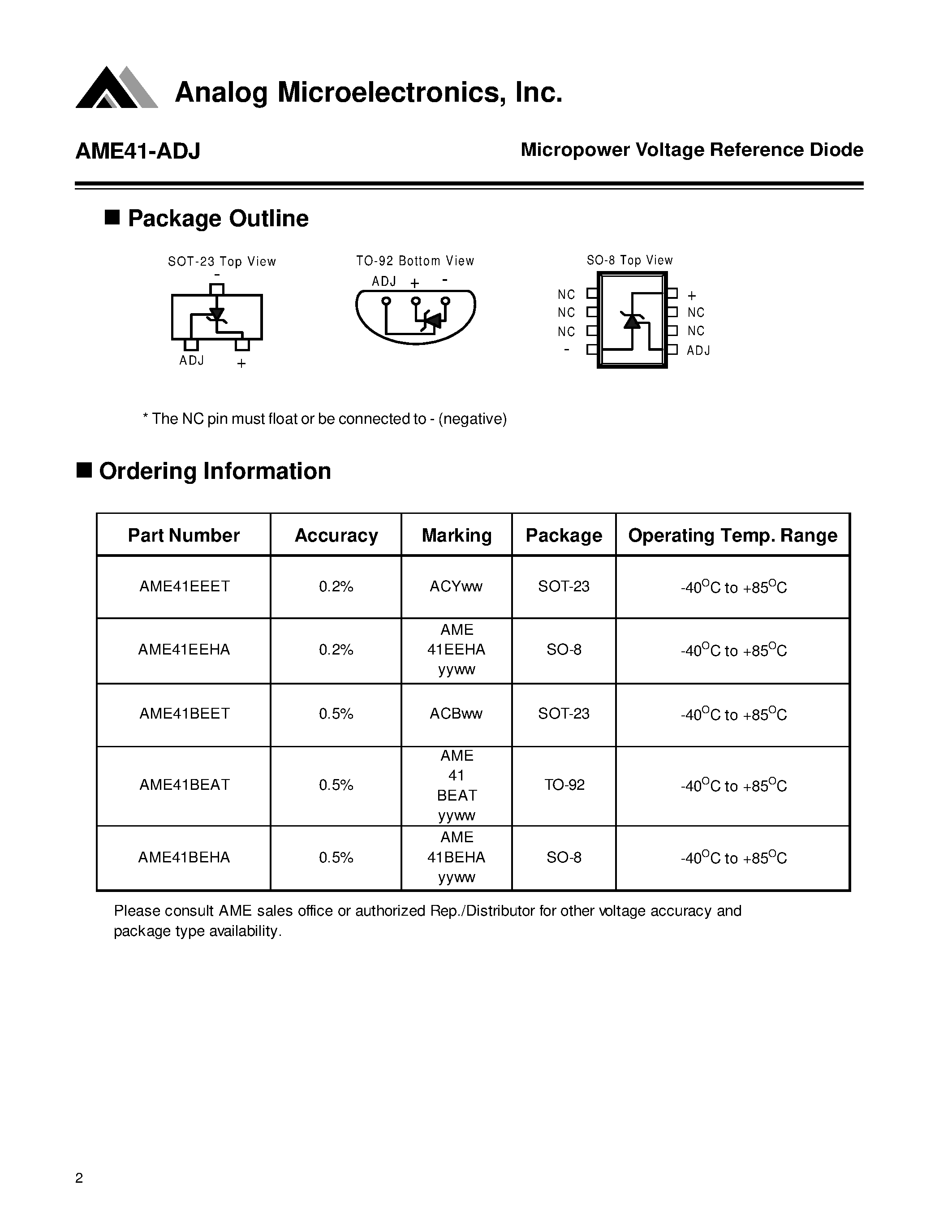 Datasheet AME41BEAT page 2 Datasheet AME41BEAT - Micropower Voltage Reference Diode page 2