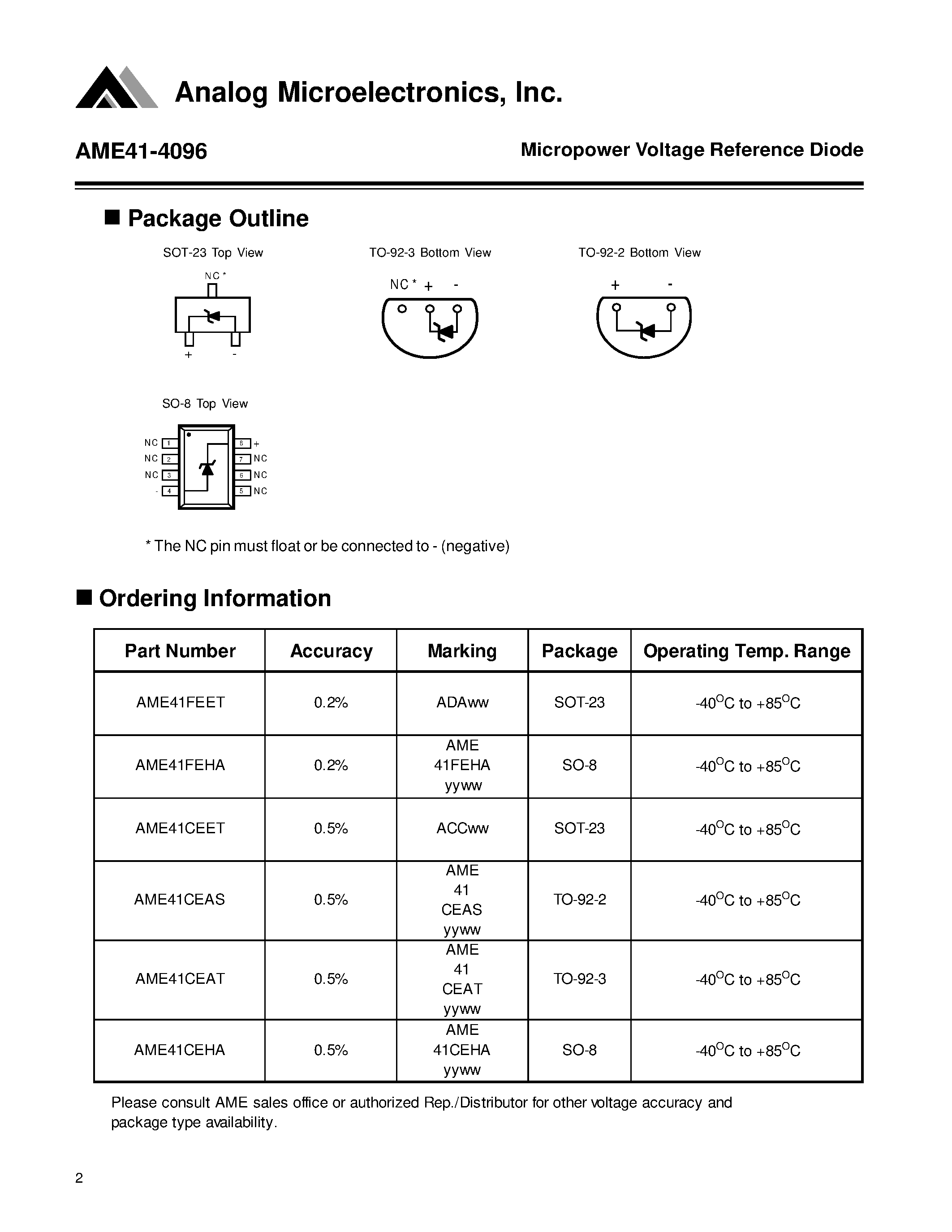Datasheet AME41CEAT page 2 Datasheet AME41CEAT - Micropower Voltage Reference Diode page 2