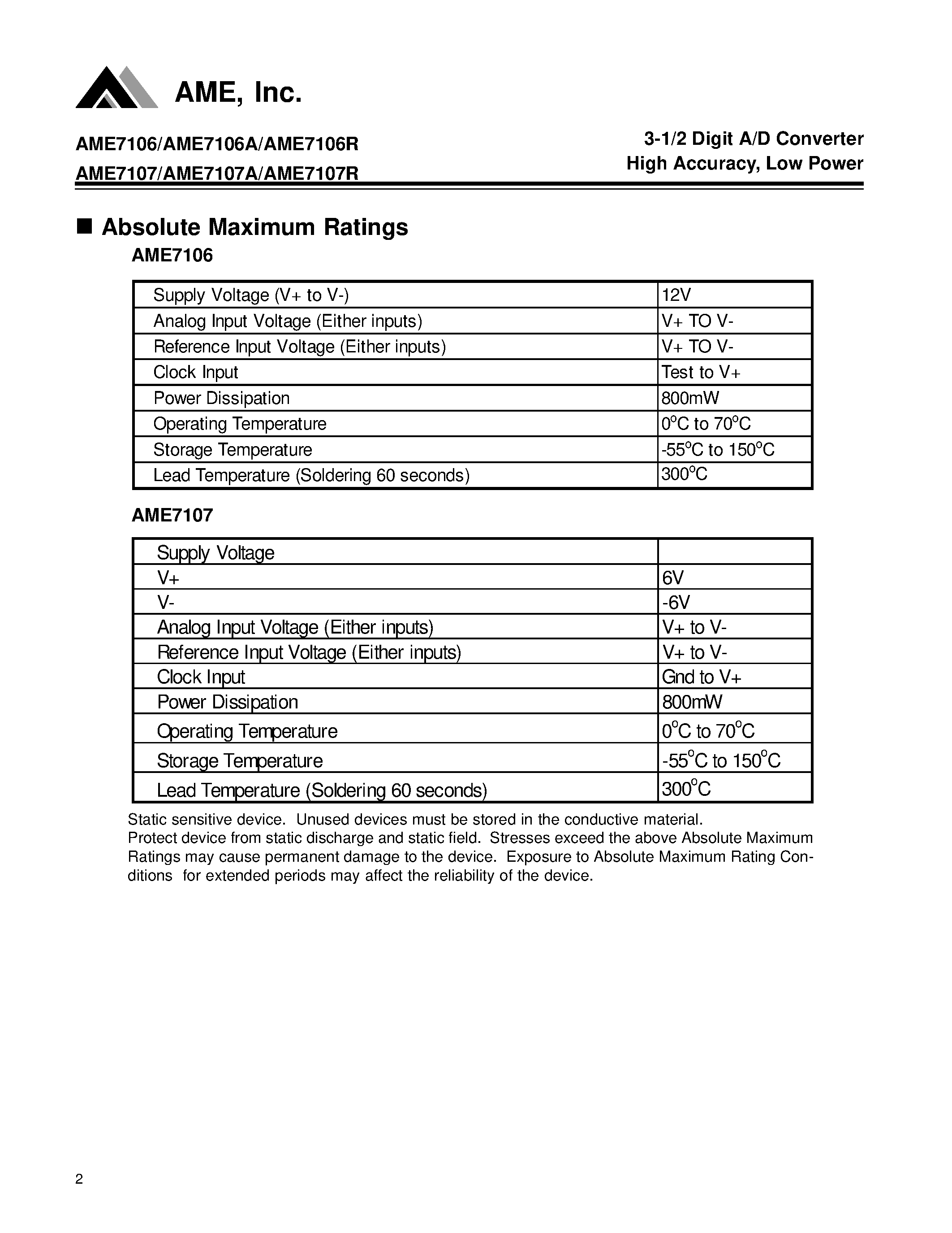 Даташит AME7107ACKW - 3-1/2 Digit A/D Converter High Accuracy/ Low Power страница 2