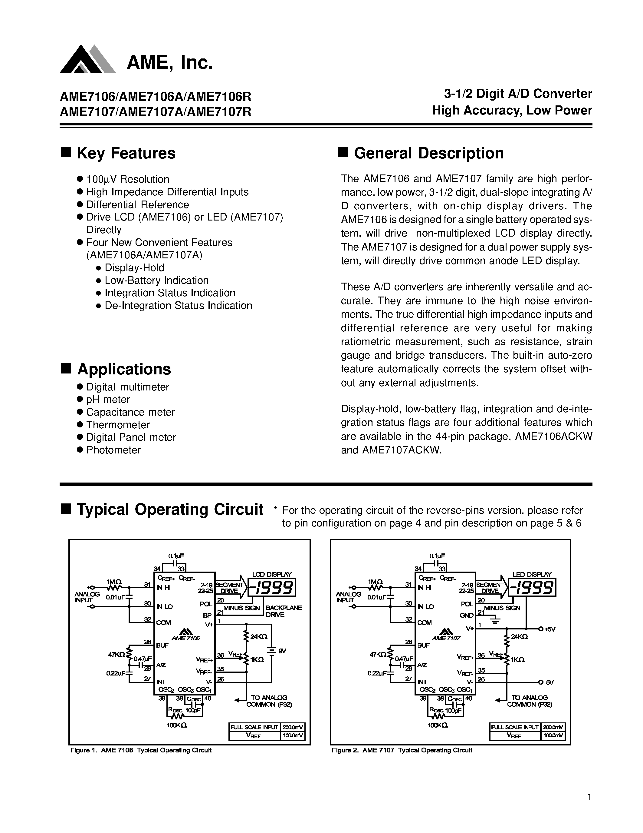 Даташит AME7107Y - 3-1/2 Digit A/D Converter High Accuracy/ Low Power страница 1