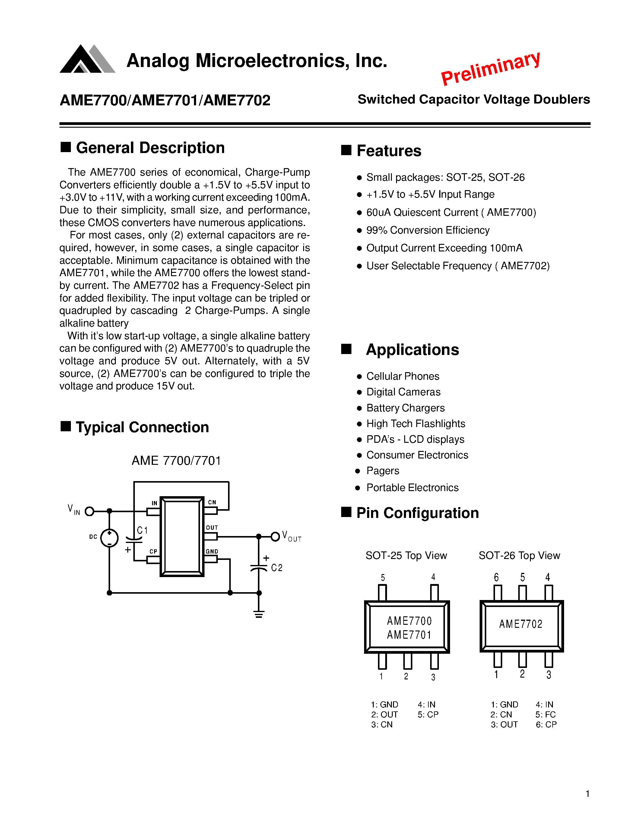Datasheet AME7700AEEV - Switched Capacitor Voltage Doublers page 1