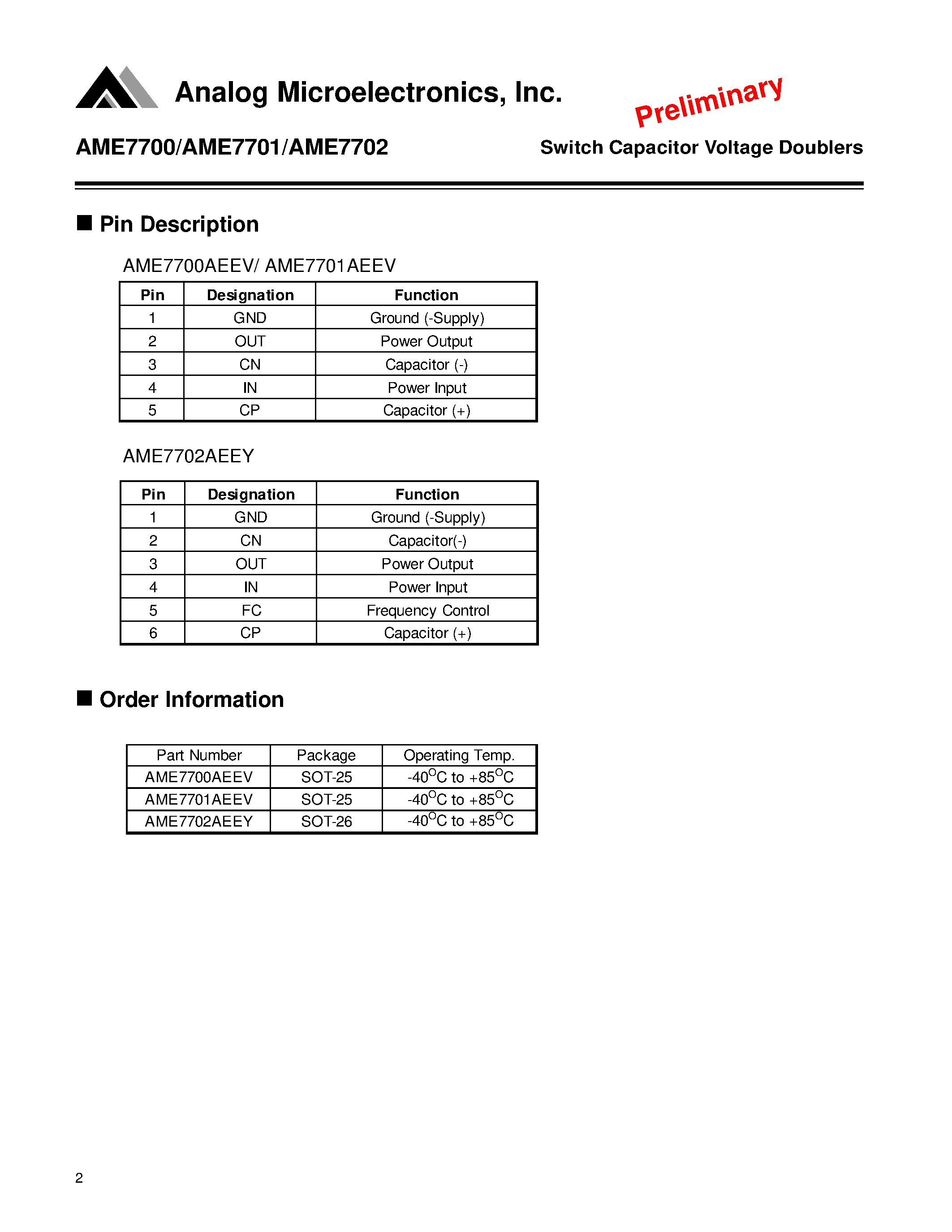 Datasheet AME7700AEEV - Switched Capacitor Voltage Doublers page 2