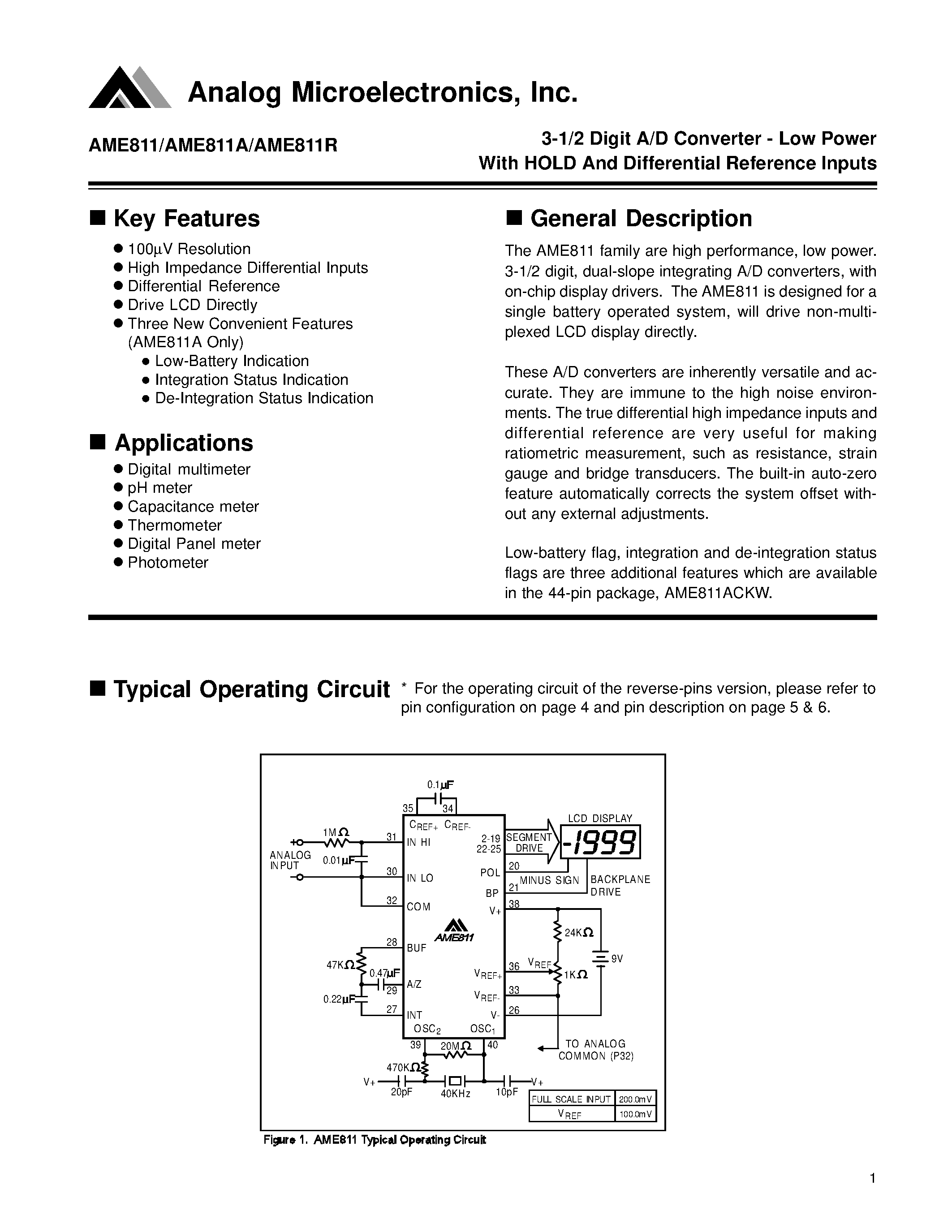 Даташит AME811CPL - 3-1/2 Digit A/D Converter - Low Power With HOLD And Differential Reference Inputs страница 1