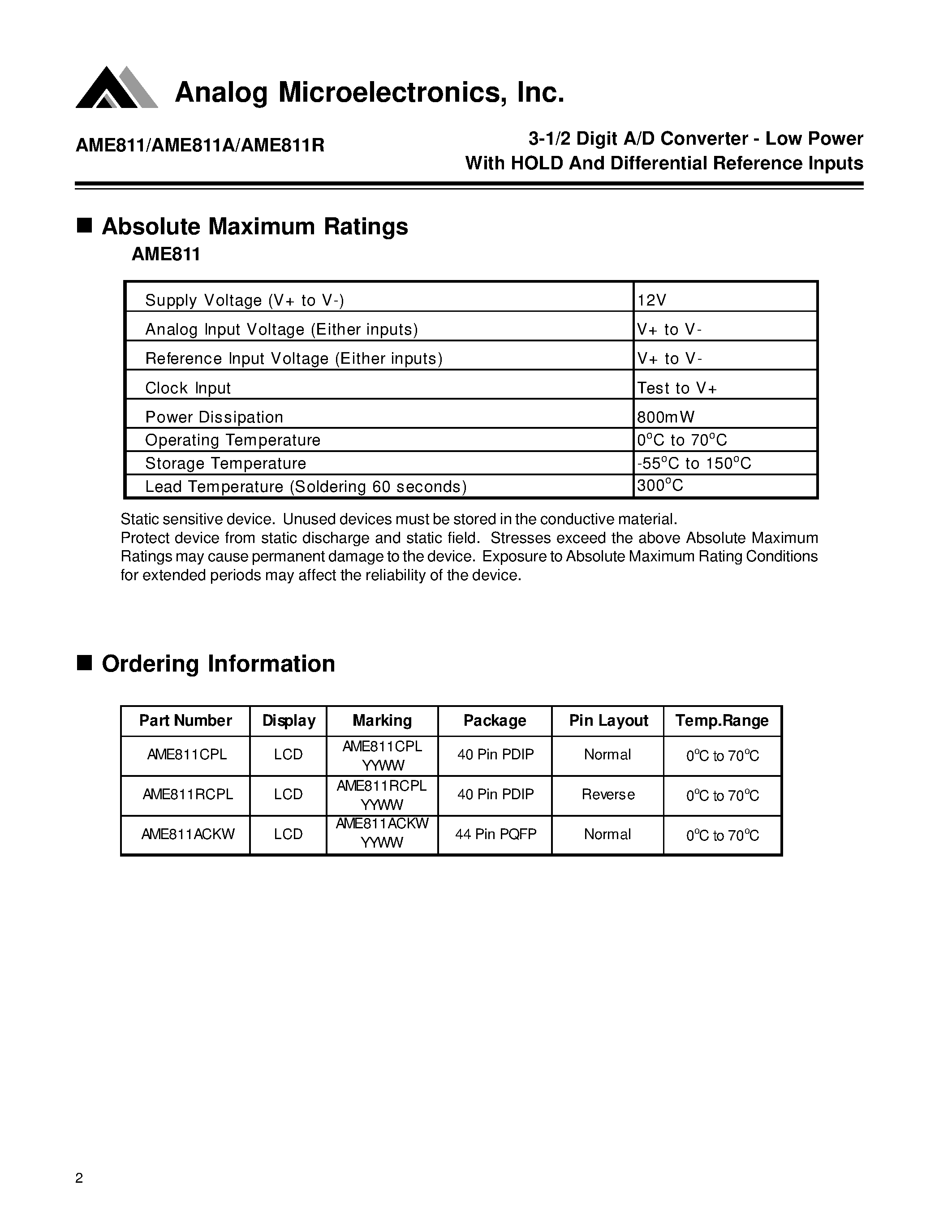 Даташит AME811CPL - 3-1/2 Digit A/D Converter - Low Power With HOLD And Differential Reference Inputs страница 2