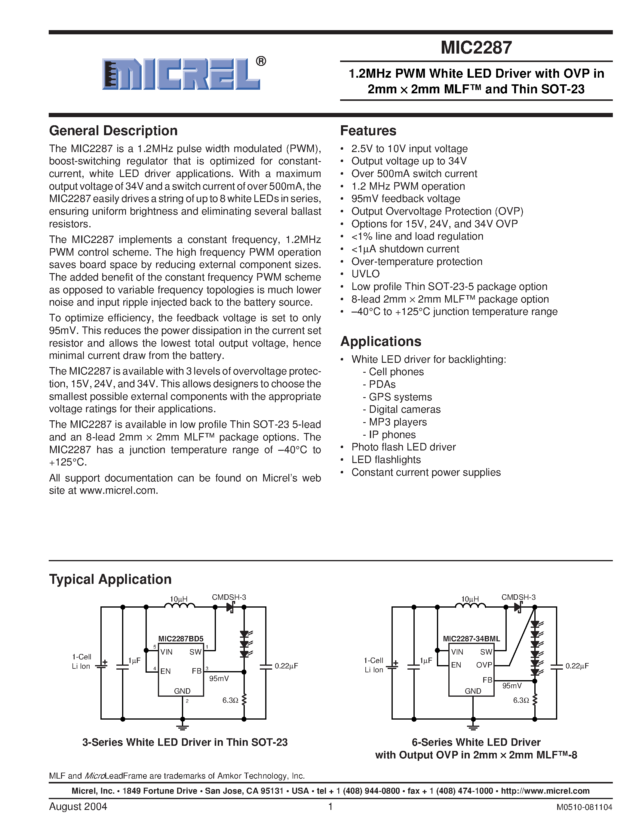 Datasheet MIC2287BD5 - 1.2MHz PWM White LED Driver with OVP in 2mm 2mm MLF and Thin SOT-23 page 1