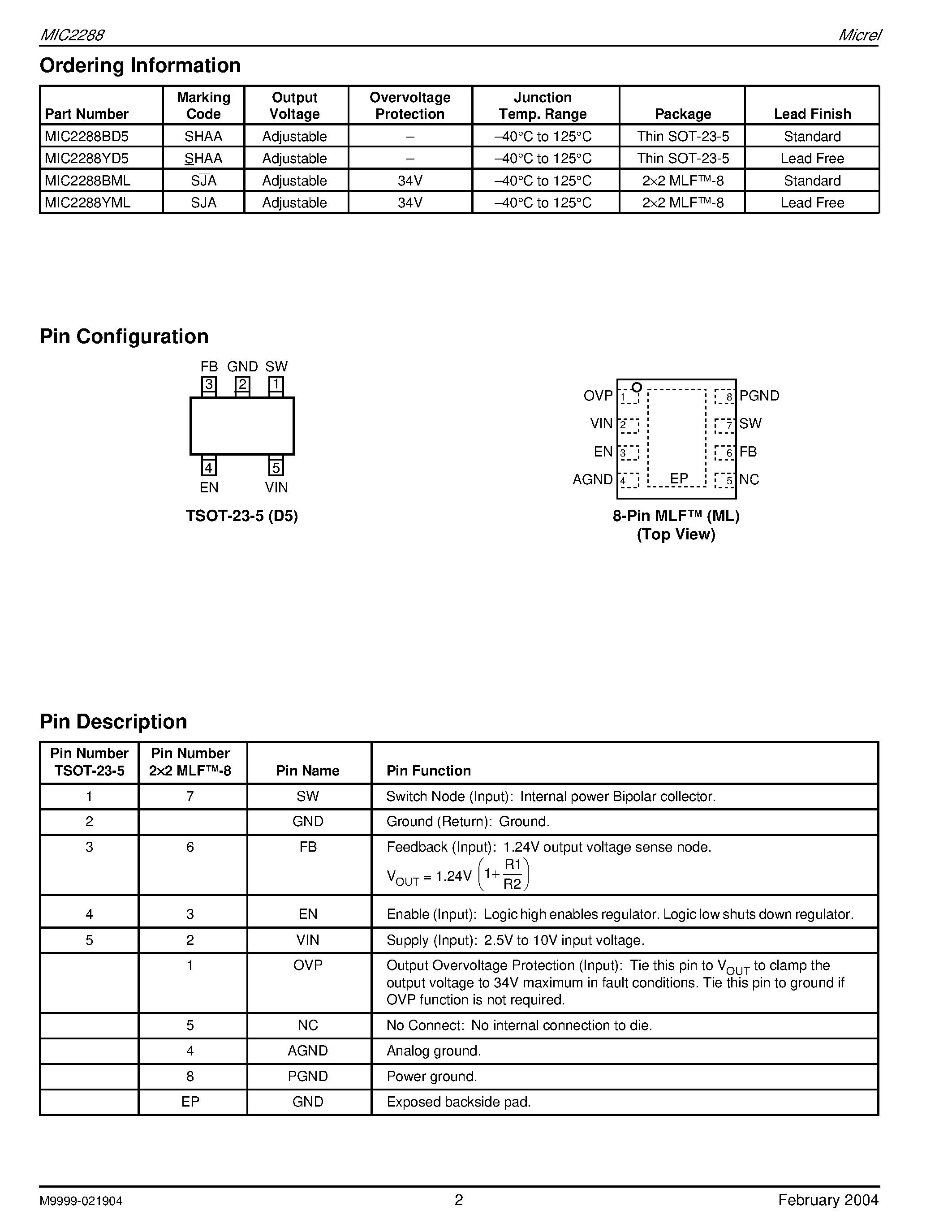 Datasheet MIC2288BD5 - 1A 1.2 MHZ PWM BOOST CONVERTER IN THIN SOT 23 AND 2 X MLF page 2