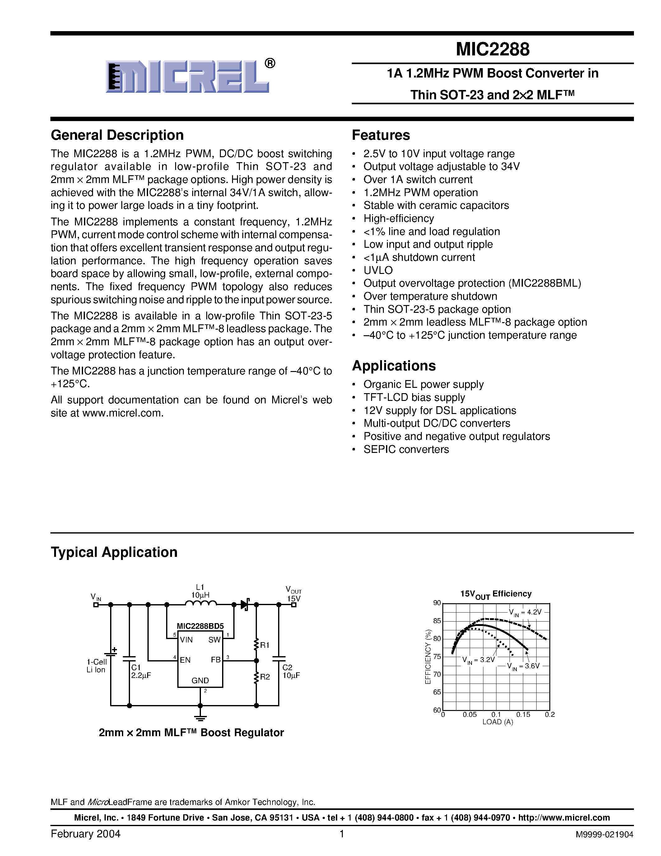 Datasheet MIC2288YD5 - 1A 1.2 MHZ PWM BOOST CONVERTER IN THIN SOT 23 AND 2 X MLF page 1