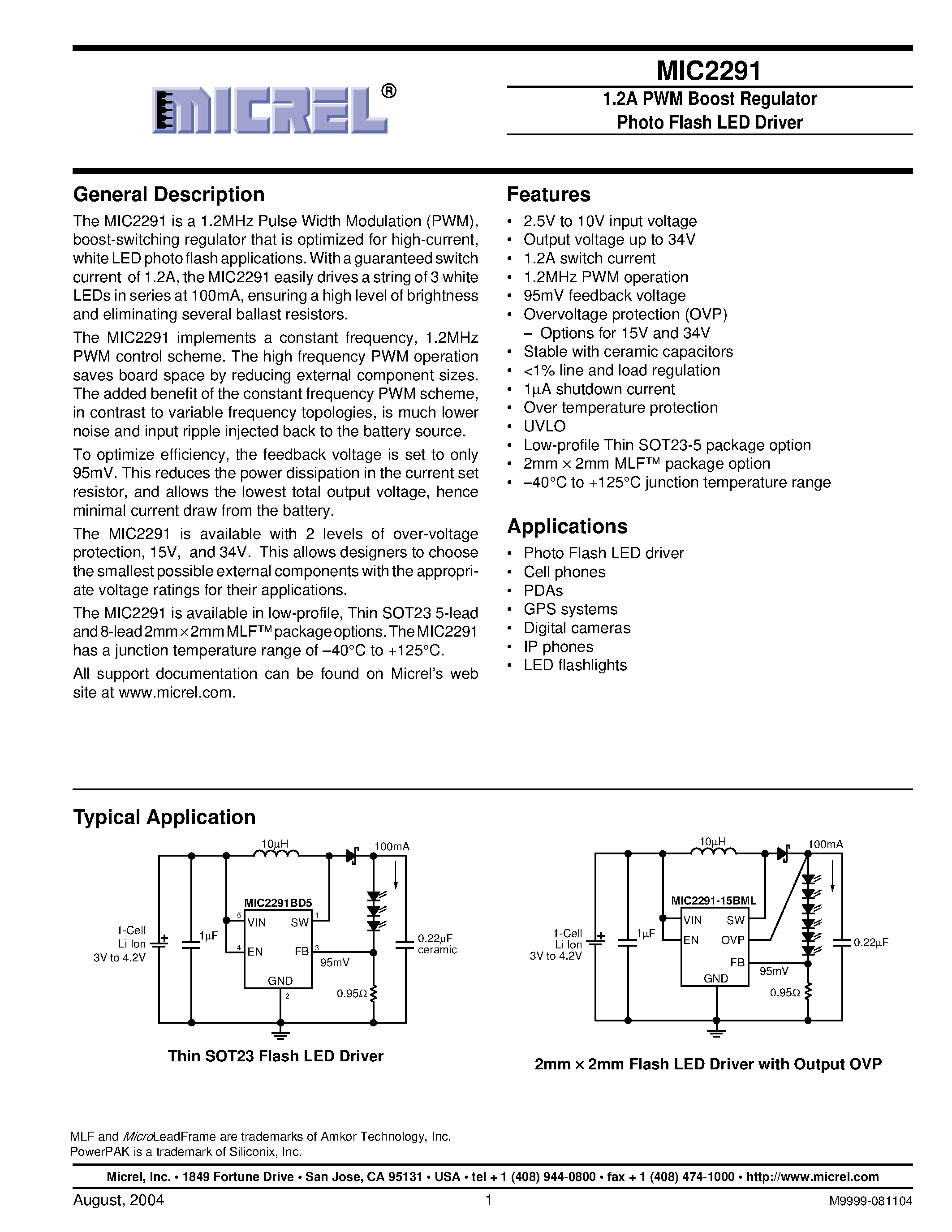 Datasheet MIC2291-15YML - 1.2A PWM Boost Regulator Photo Flash LED Driver page 1