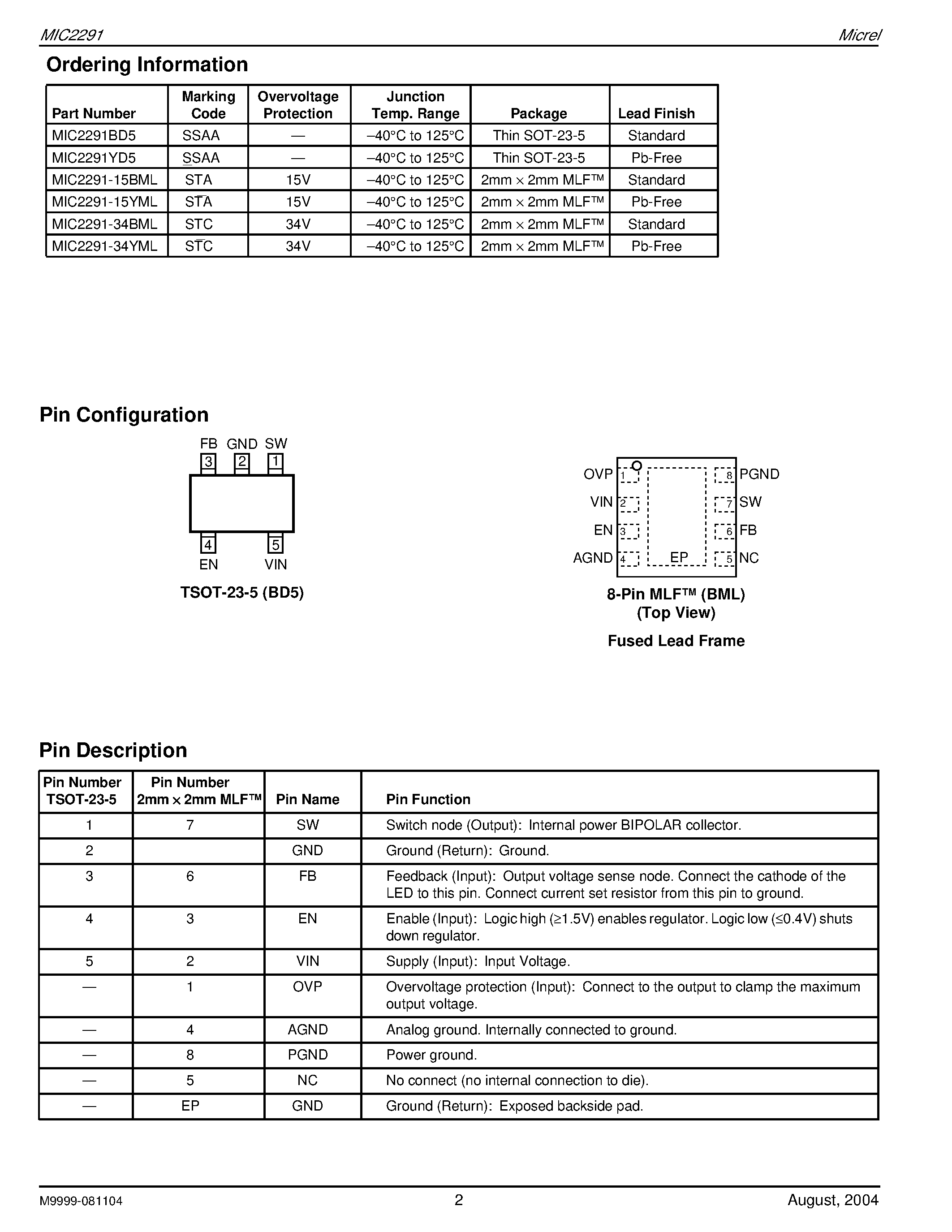 Datasheet MIC2291-34YML - 1.2A PWM Boost Regulator Photo Flash LED Driver page 2