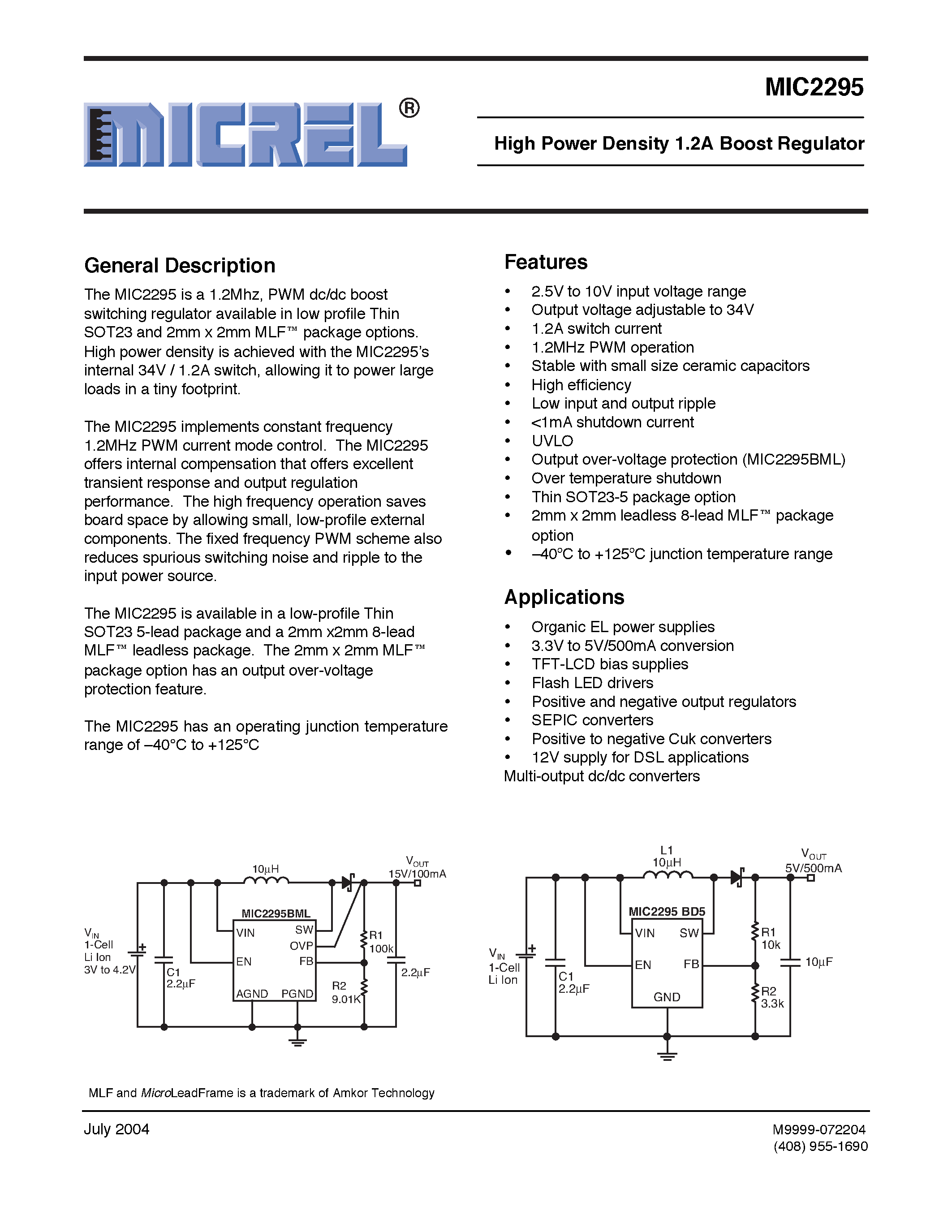 Datasheet MIC2295 - High Power Density 1.2A Boost Regulator page 1