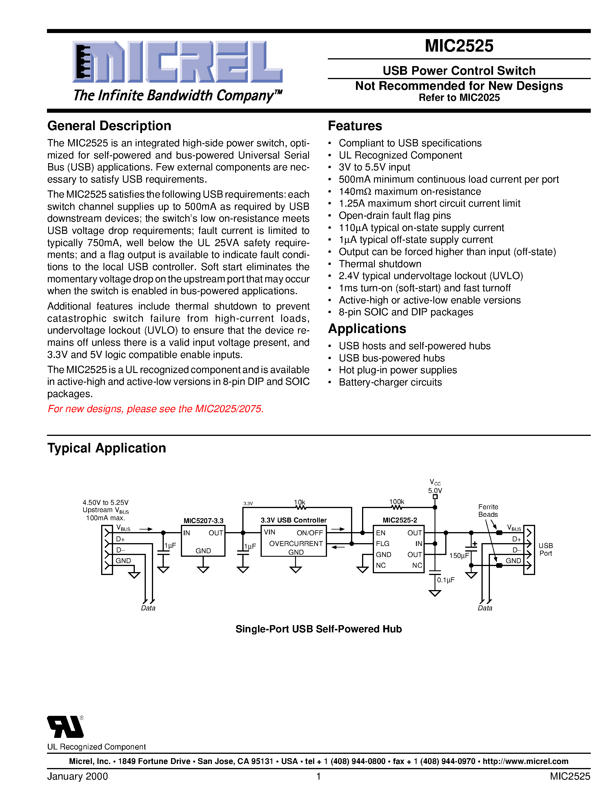 Datasheet MIC2525-1BN page 1 Datasheet MIC2525-1BN - USB Power Control Switch Not Recommended for New Designs page 1