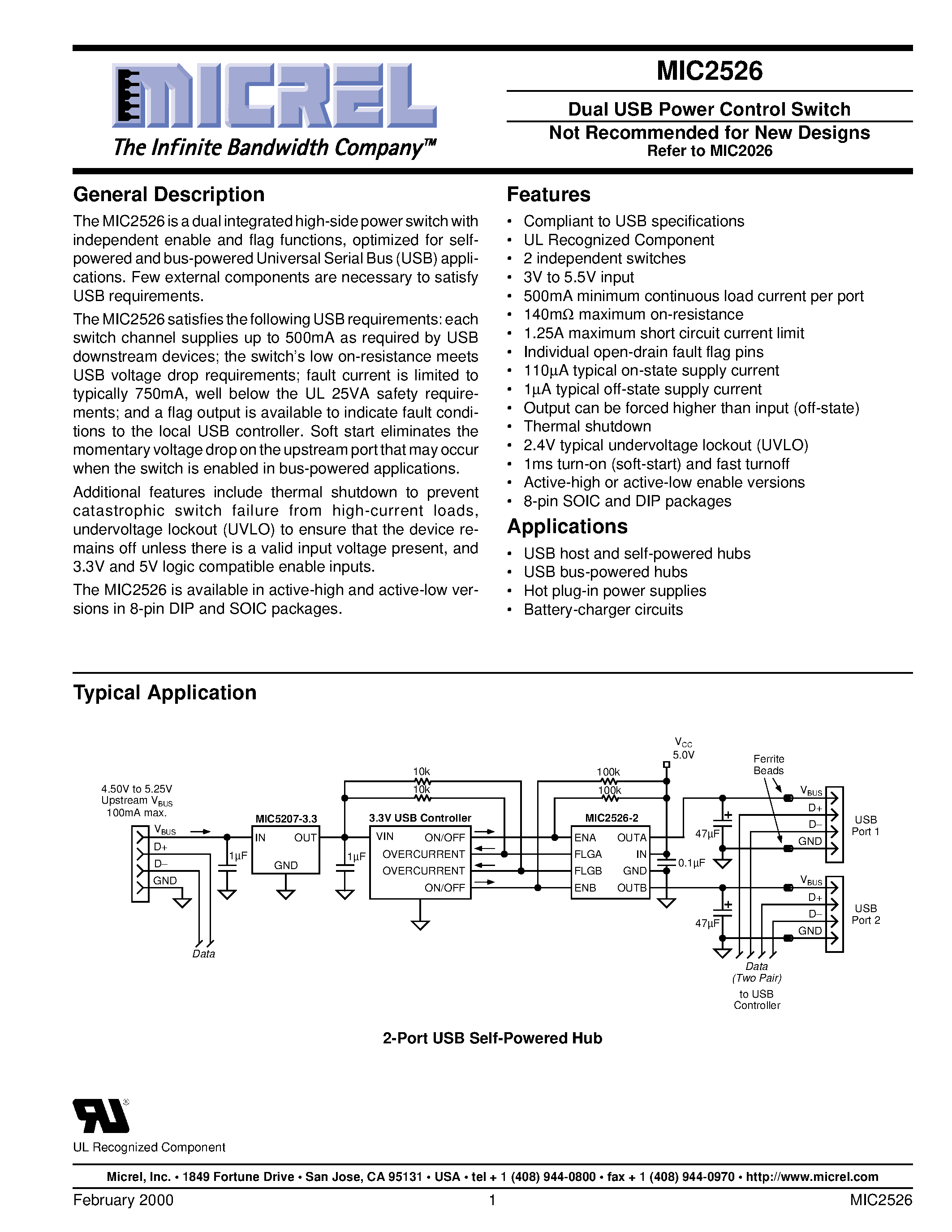 Datasheet MIC2526-1BN page 1 Datasheet MIC2526-1BN - Dual USB Power Control Switch Not Recommended for New Designs page 1