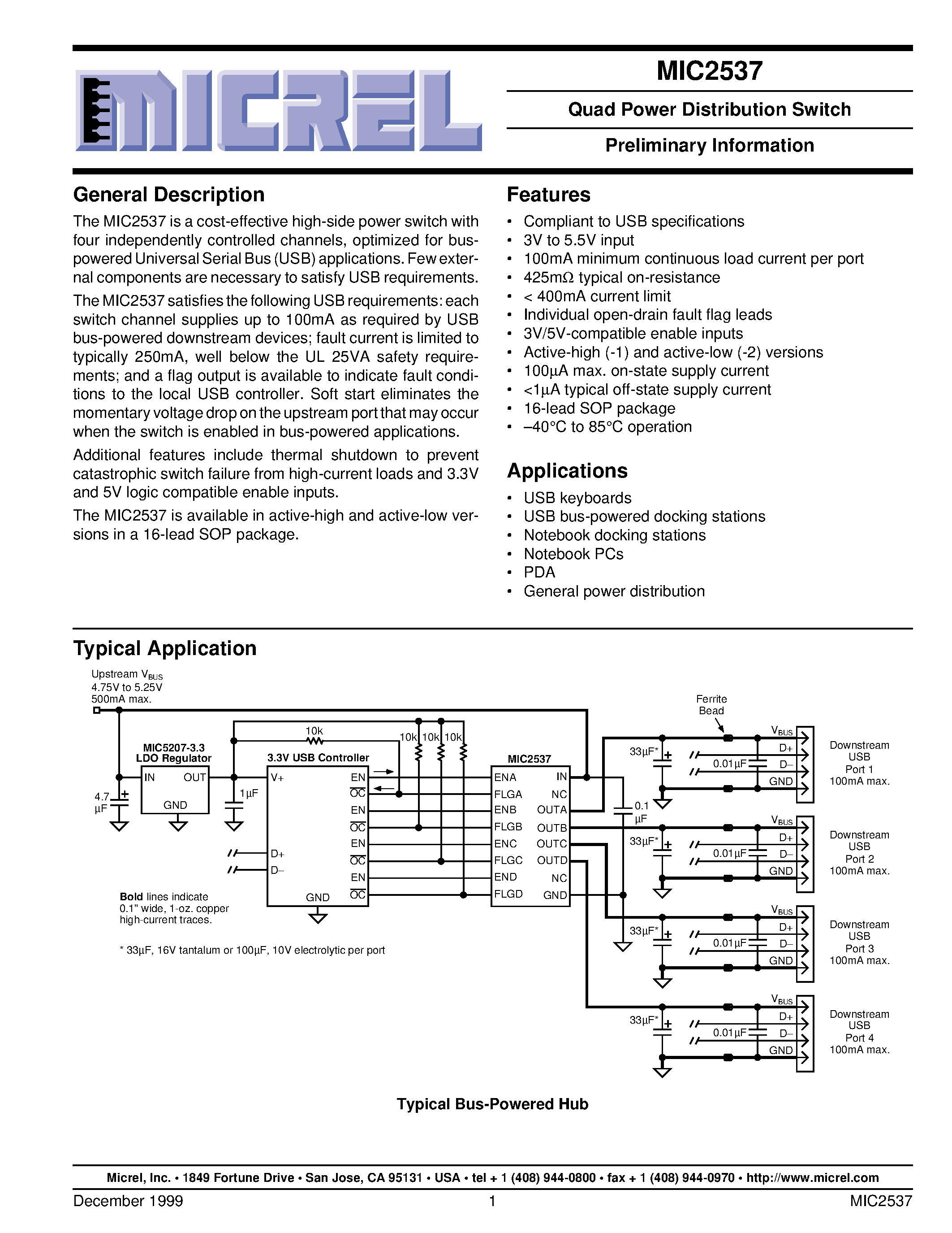 Datasheet MIC2537 - Quad Power Distribution Switch Preliminary Information page 1