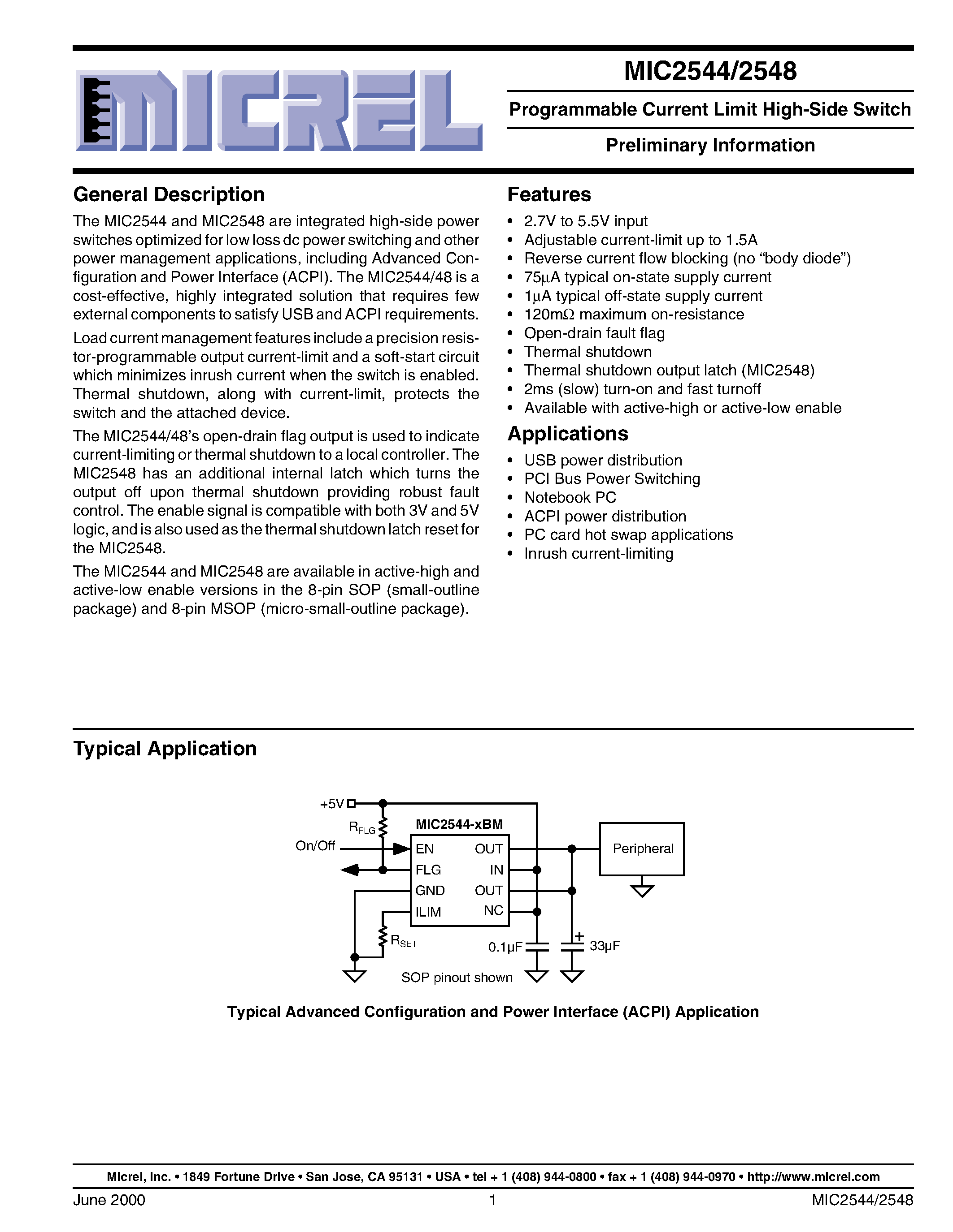 Даташит MIC2544-1 - Programmable Current Limit High-Side Switch Preliminary Information страница 1