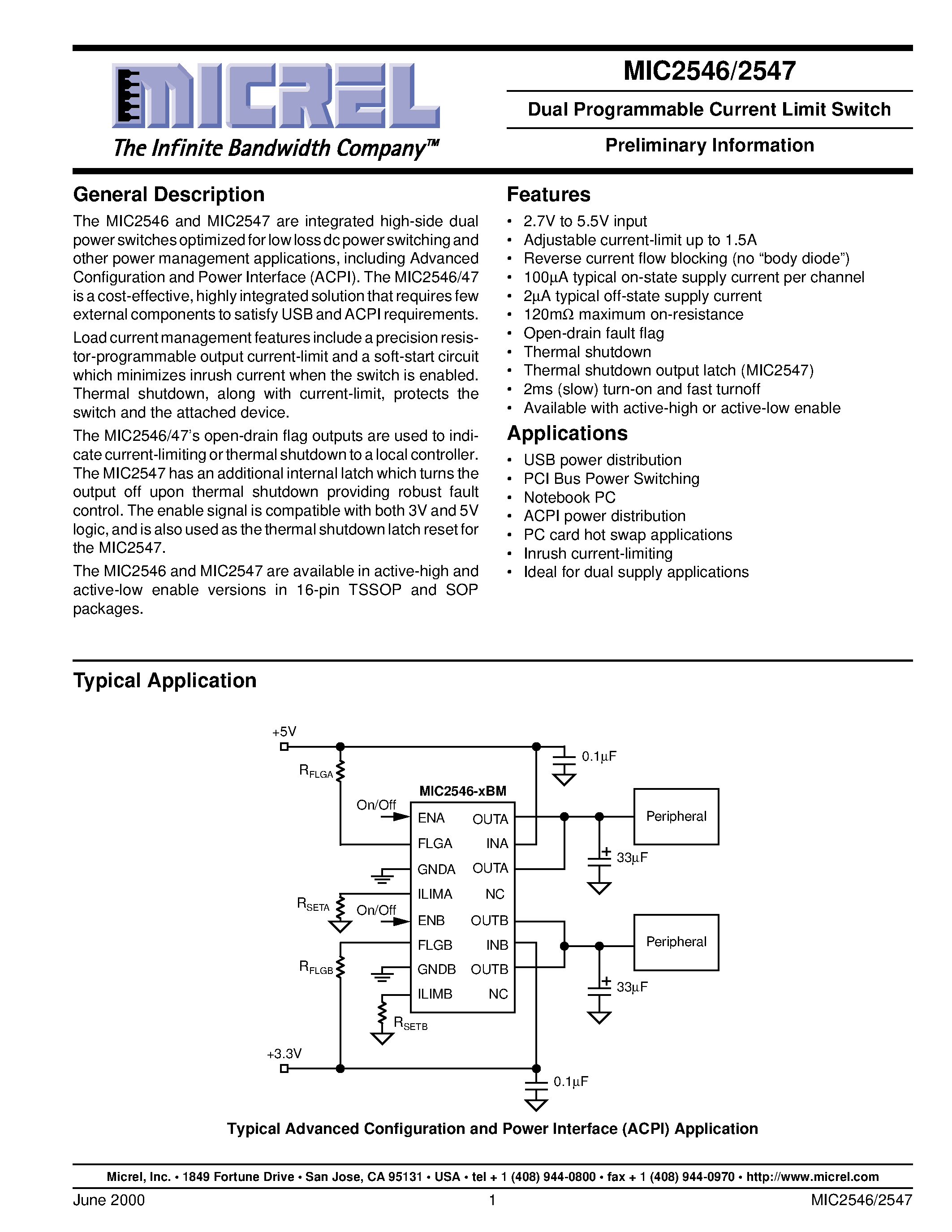 Datasheet MIC2547-2BTS - Dual Programmable Current Limit Switch Preliminary Information page 1