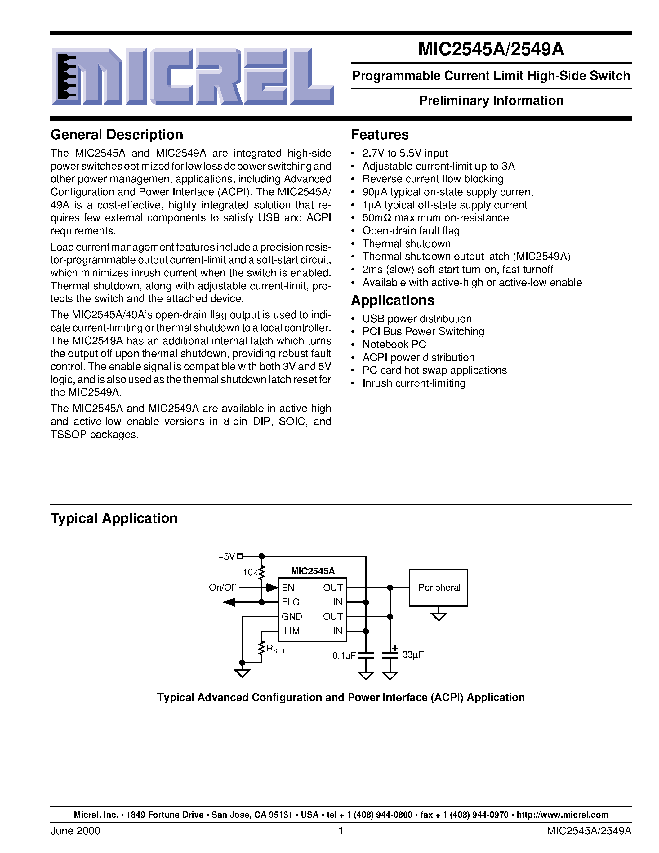 Datasheet MIC2549A-2BN page 1 Datasheet MIC2549A-2BN - Programmable Current Limit High-Side Switch page 1