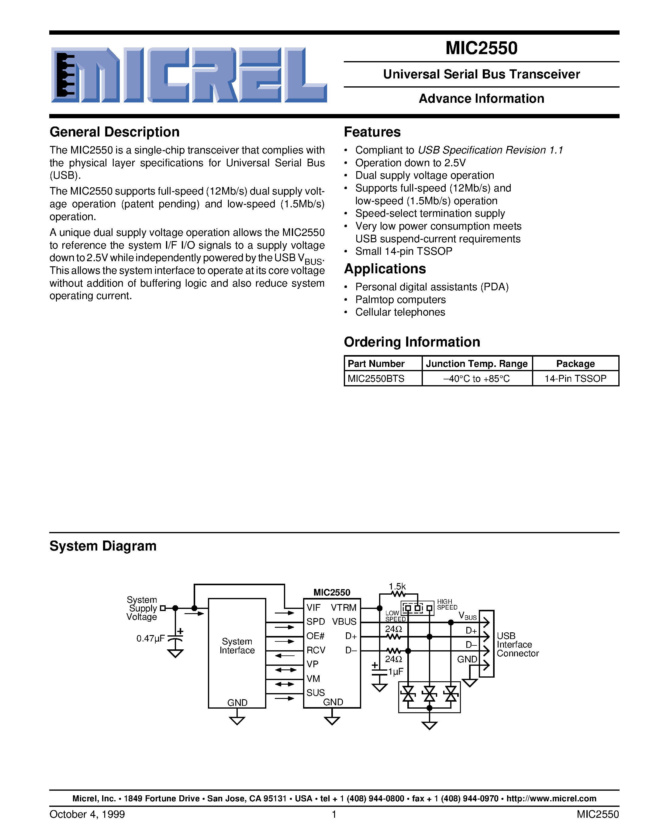 Datasheet MIC2550BTS - Universal Serial Bus Transceiver Advance Information page 1